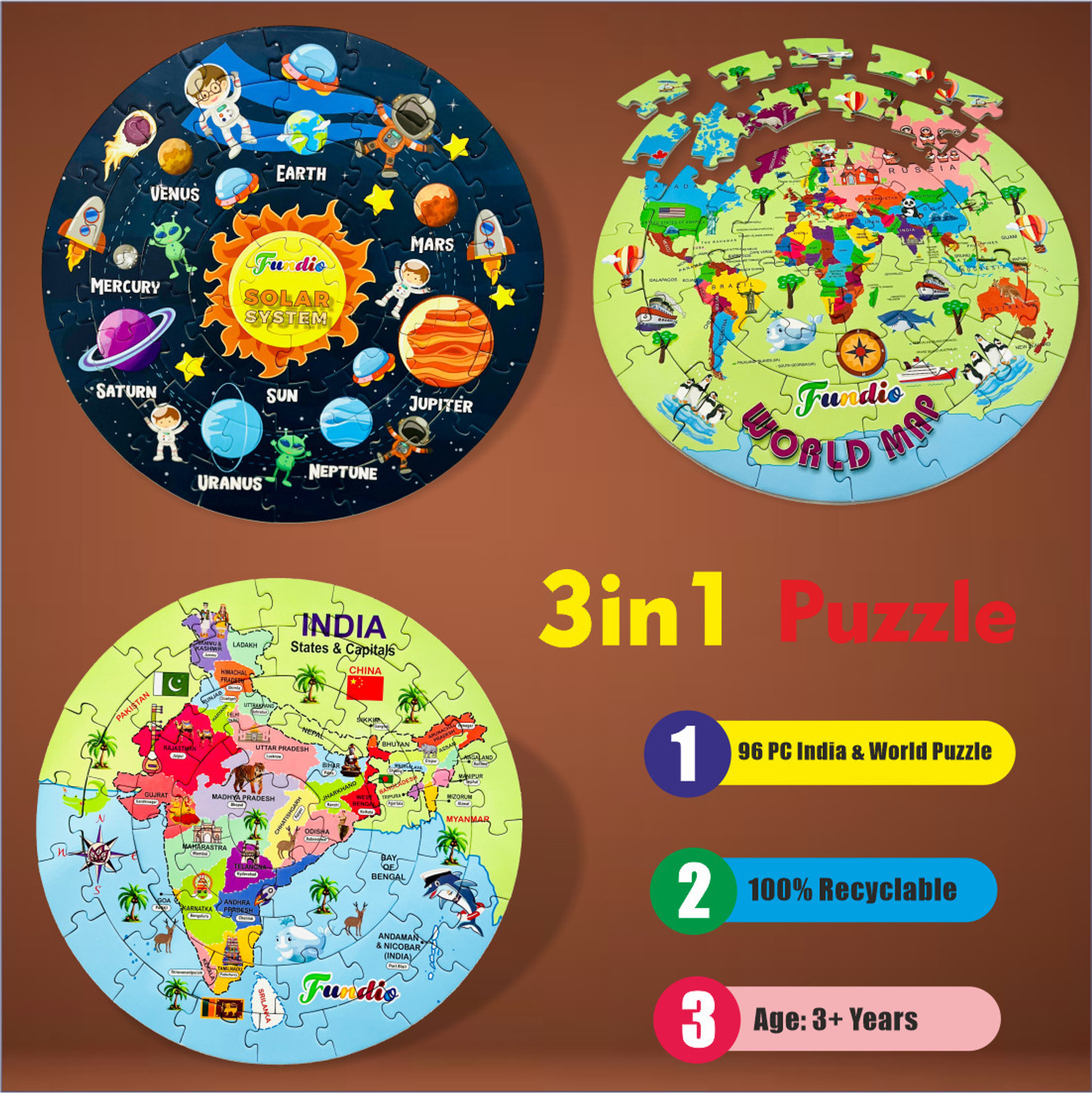 ETS 3in1 Jigsaw Puzzles India Map World Map and Solar System Jigsaw Puzzle