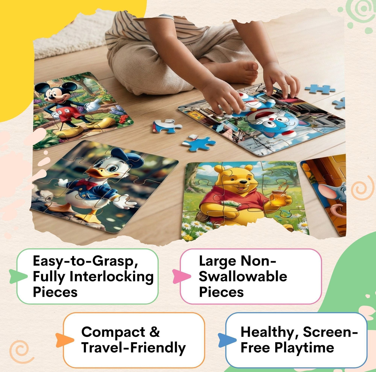 Image of Craftick Wooden Set of 6 Cartoon Games Toys Jigsaw Puzzles for Kids Age 2 and Above. (54 Pieces)
