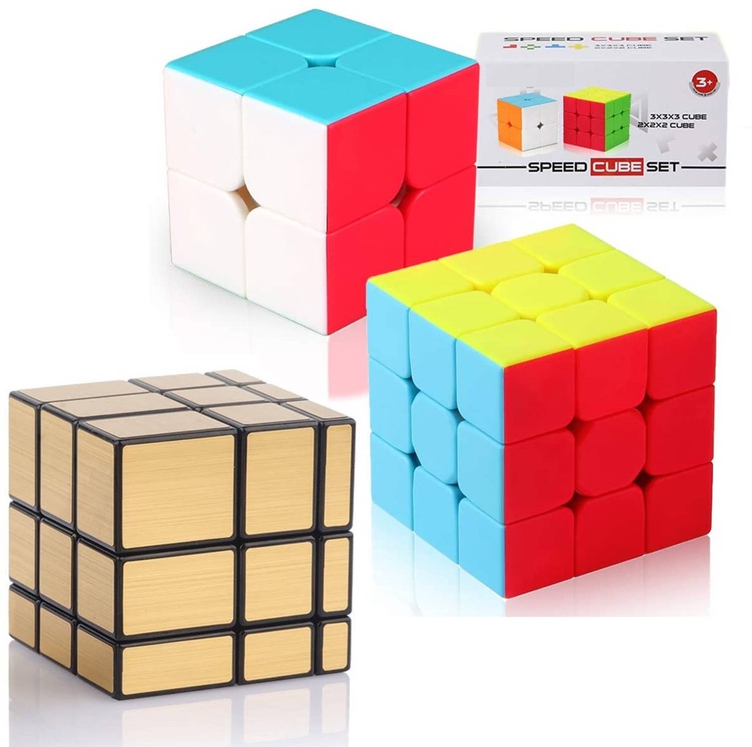 Authfort Stickerless Cube Set of 2X2 3x3 and Stickered Gold Mirror Puzzle Cubes Combo