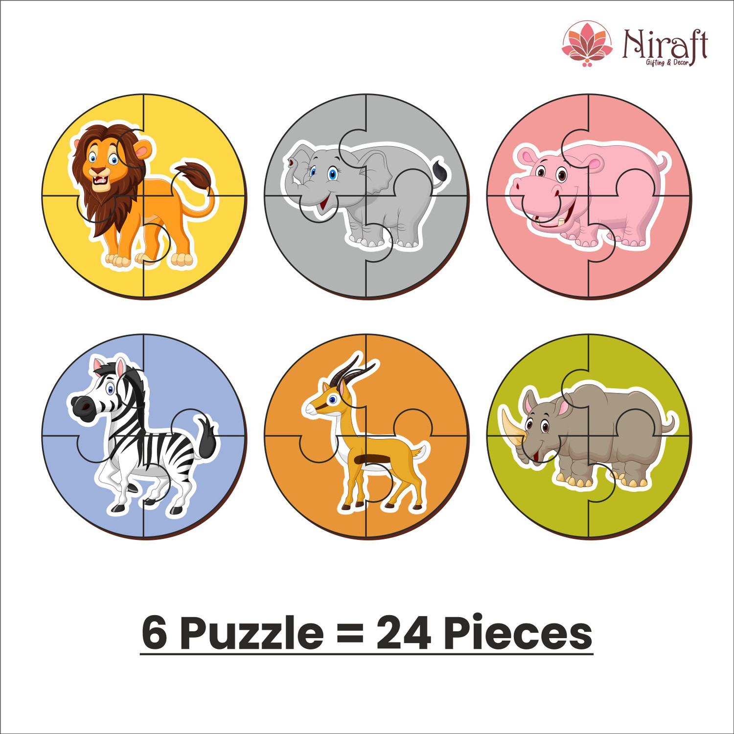 Image of Niraft Wooden Wild Animals Round Jigsaw Puzzles for Kids (24 pcs) | Puzzles Toy
