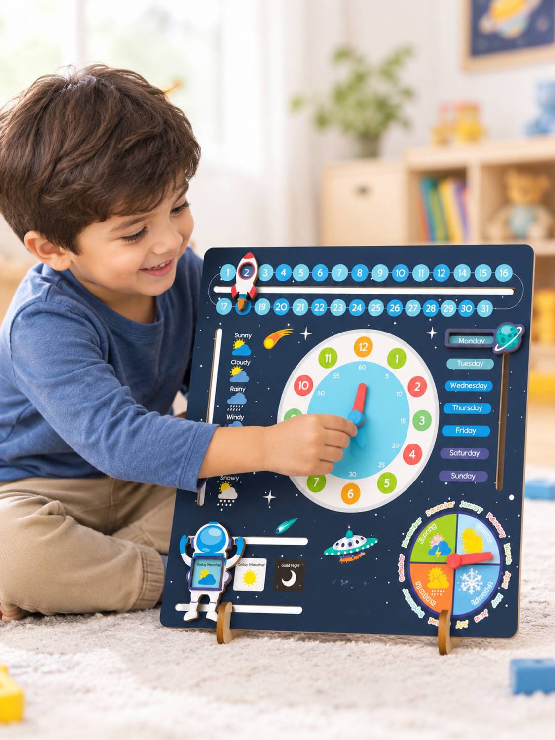 333MART Wooden Space Themed Learning Clock Educational Board for Preschoolers, Nursery