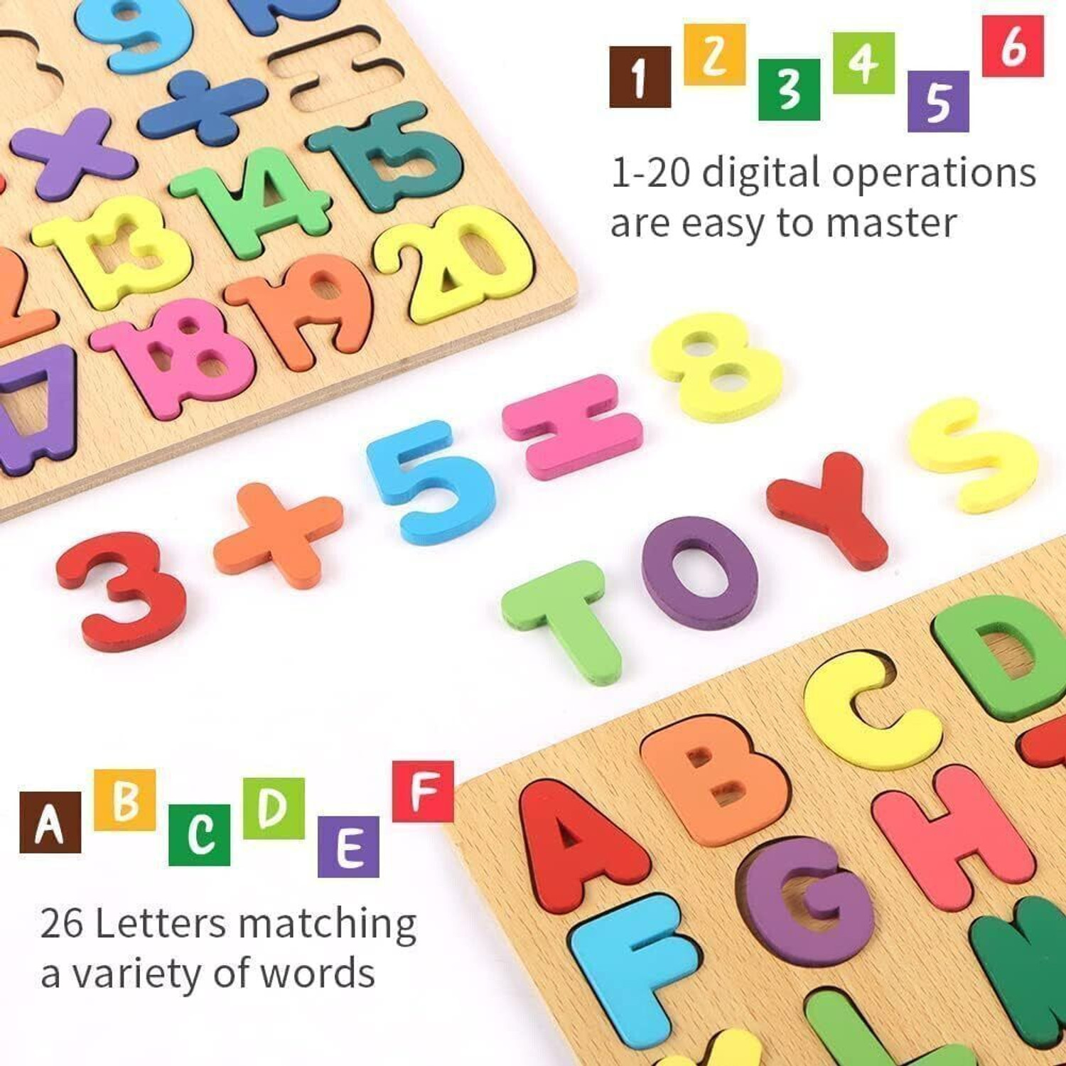Image of Vervita Kids Colorful Wooden Puzzle Set Featuring 3D Capital Alphabets, Numbers, Shapes