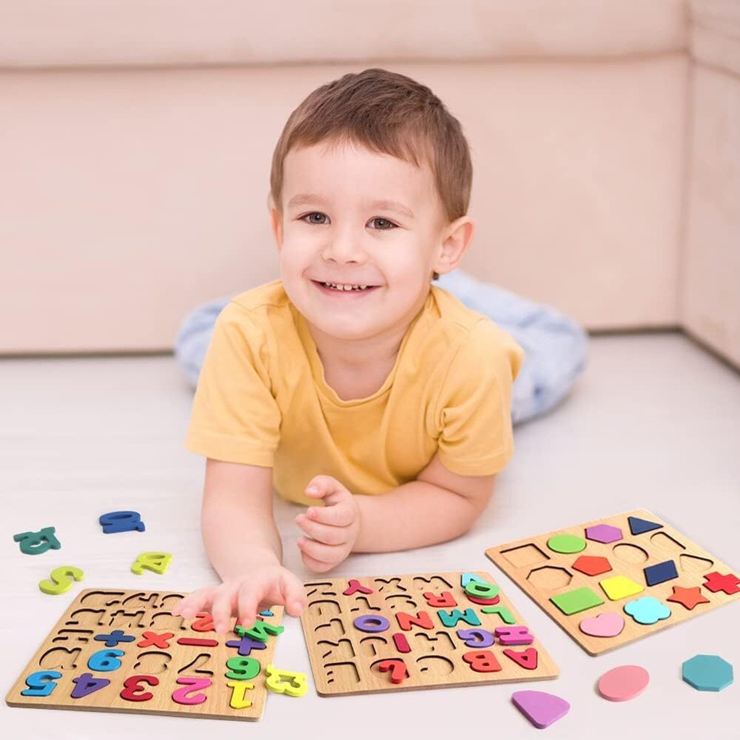 Image of TOOBIL Kids Colorful Wooden Puzzle Set Featuring 3D Capital Alphabets, Numbers, Shapes