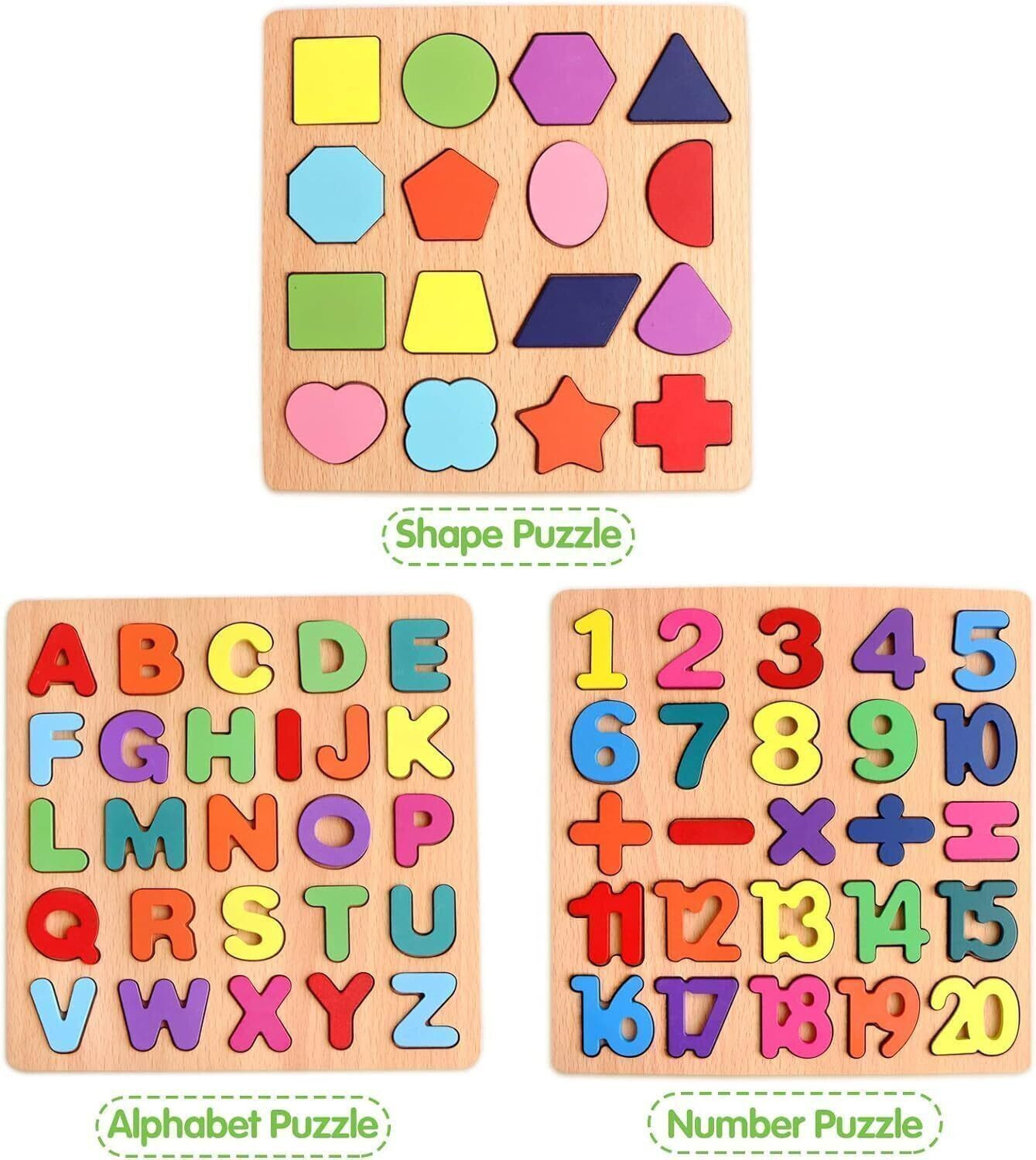 Image of Vervita Kids Colorful Wooden Puzzle Set Featuring 3D Capital Alphabets, Numbers, Shapes