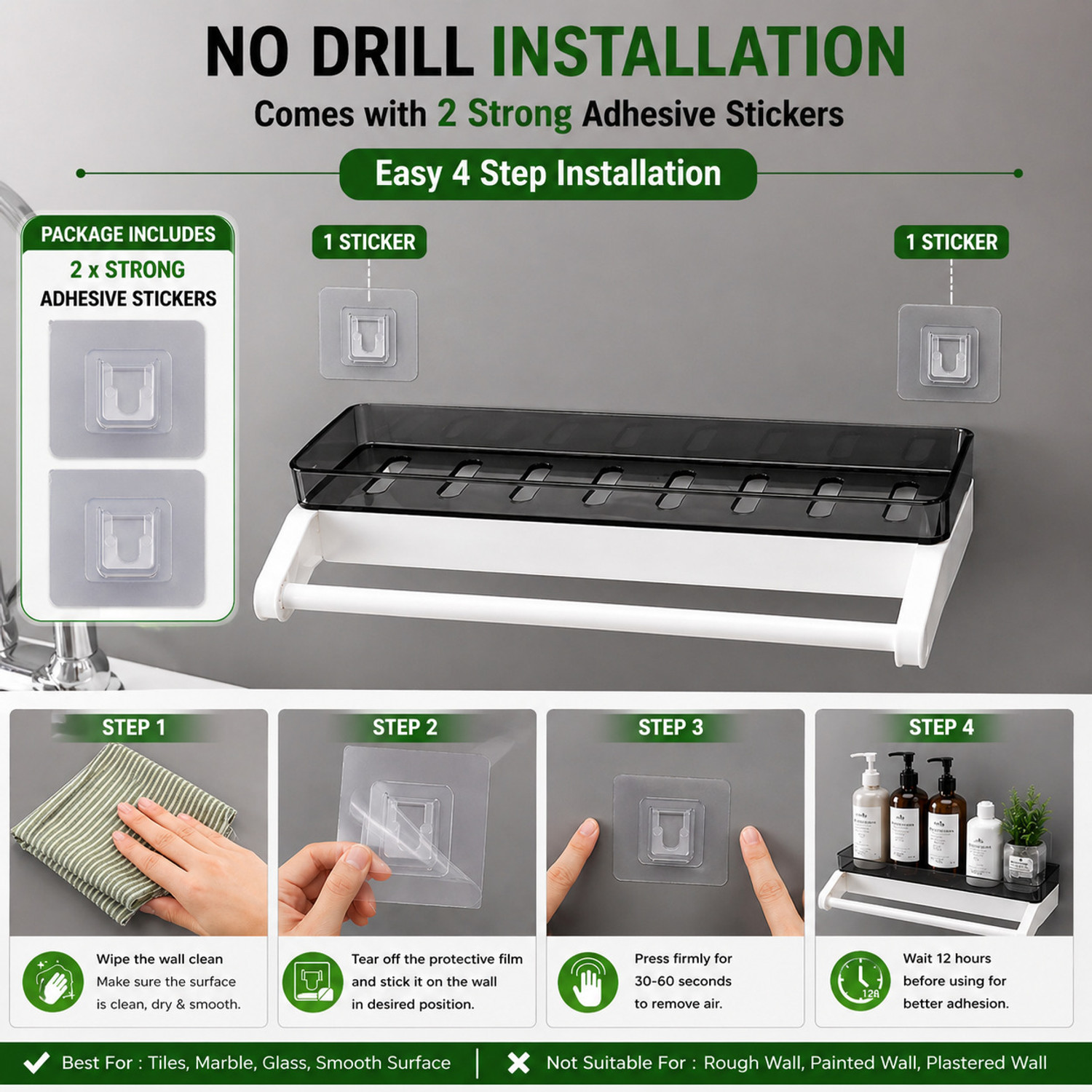 Image of Xena Bathroom Wall Shelf Rack with Towel Holder,No Drill Self Adhesive Rack Plastic Wall Shelf