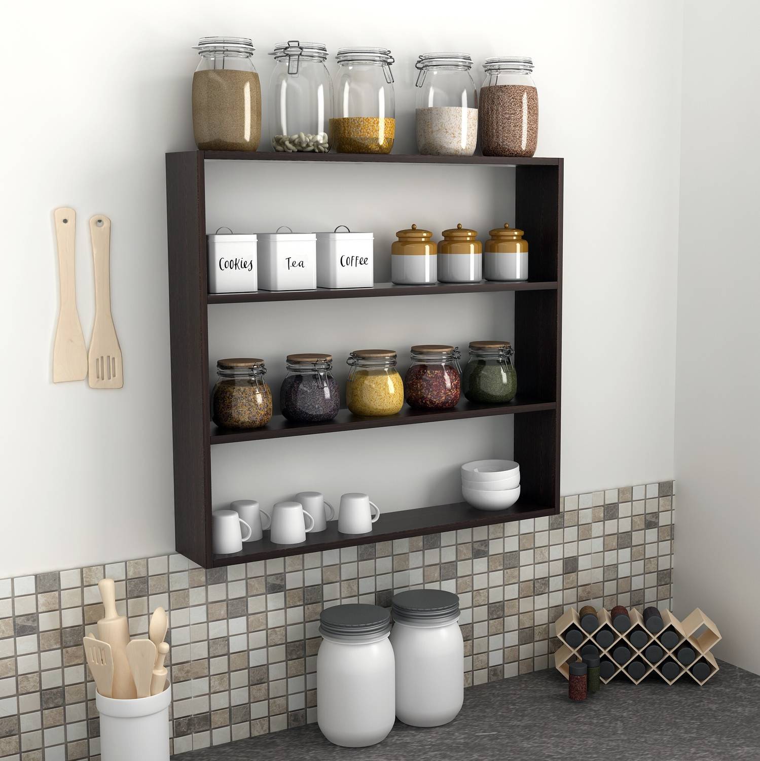 BLUEWUD Jasden Wall Mounted Multipurpose Kitchen Storage Rack Wall Shelf for Home Particle Board Wall Shelf