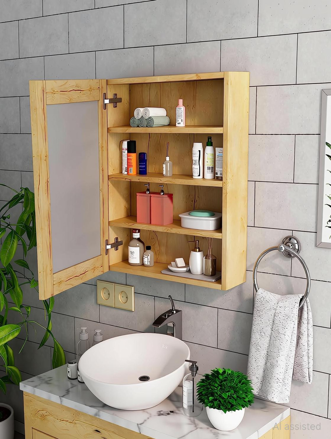 Image of Hexa Red Bathroom Mirror Cabinet Organizer Shelf for Wall ( Giant Wood ) 2.1 x 1.6 Feet Wooden Wall Shelf