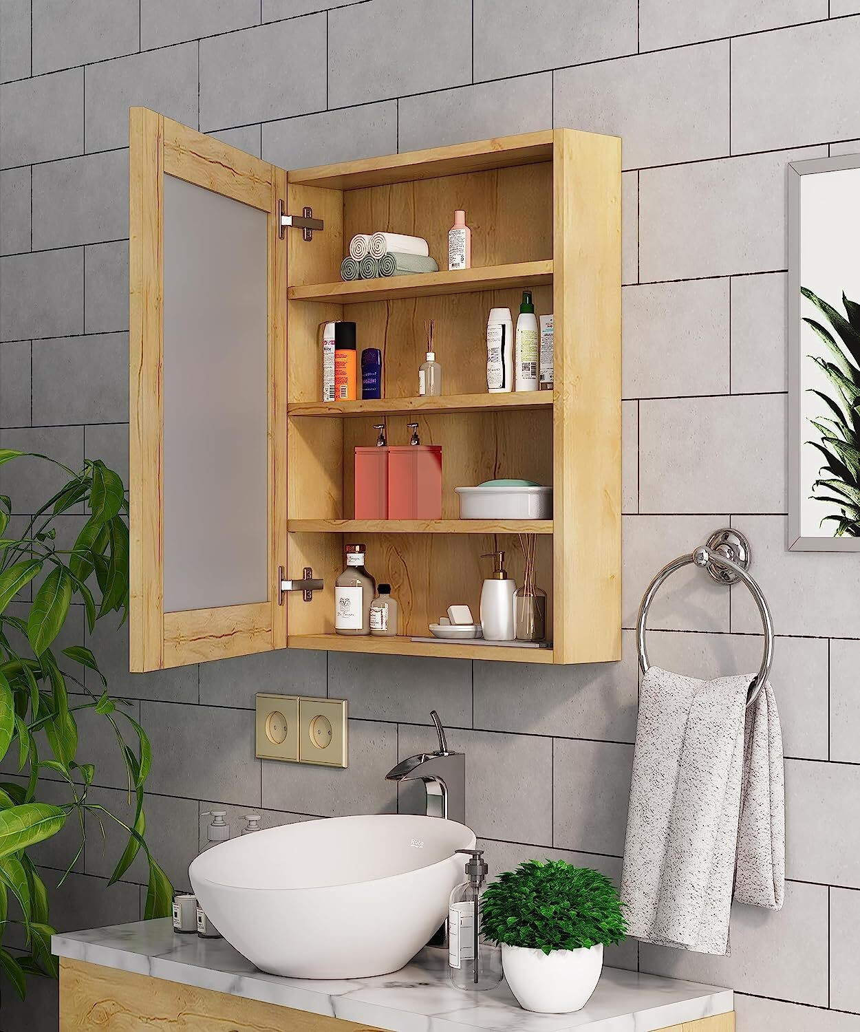 Image of Hexa Red Bathroom Mirror Cabinet Organizer Shelf for Wall ( Giant Wood ) 2.1 x 1.6 Feet Wooden Wall Shelf