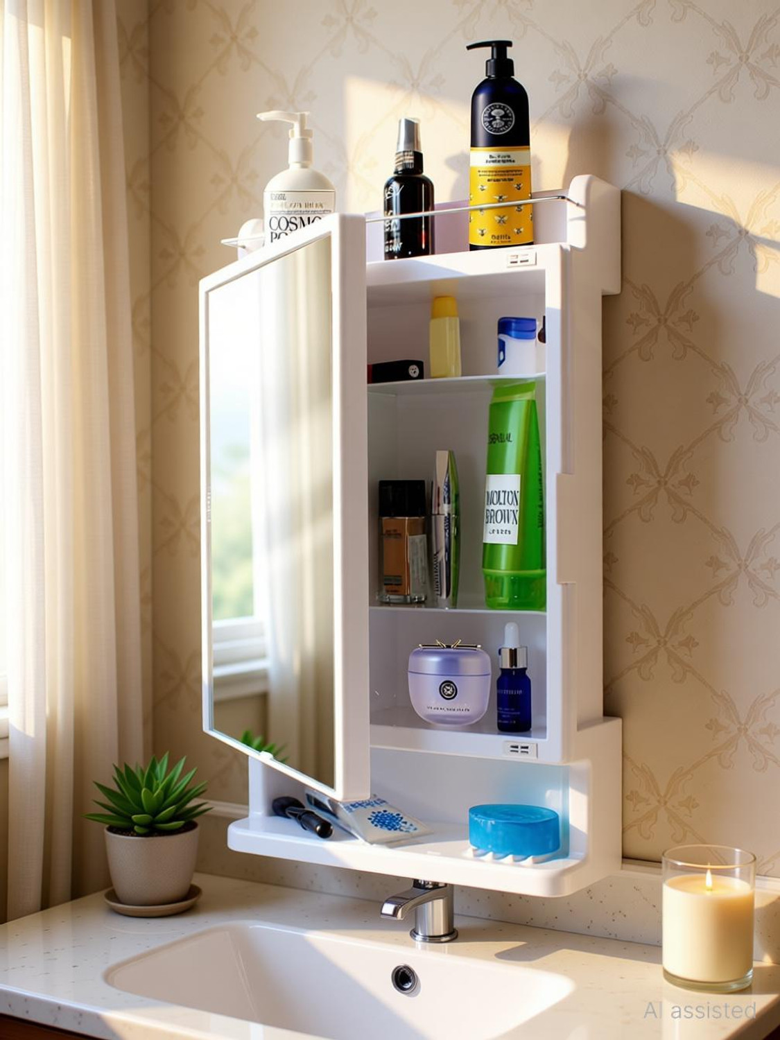 Image of CIPLA PLAST Rich Look Bathroom Cabinet | Mirror with Shelf | Storage Organizer | Plastic, Glass Wall Shelf