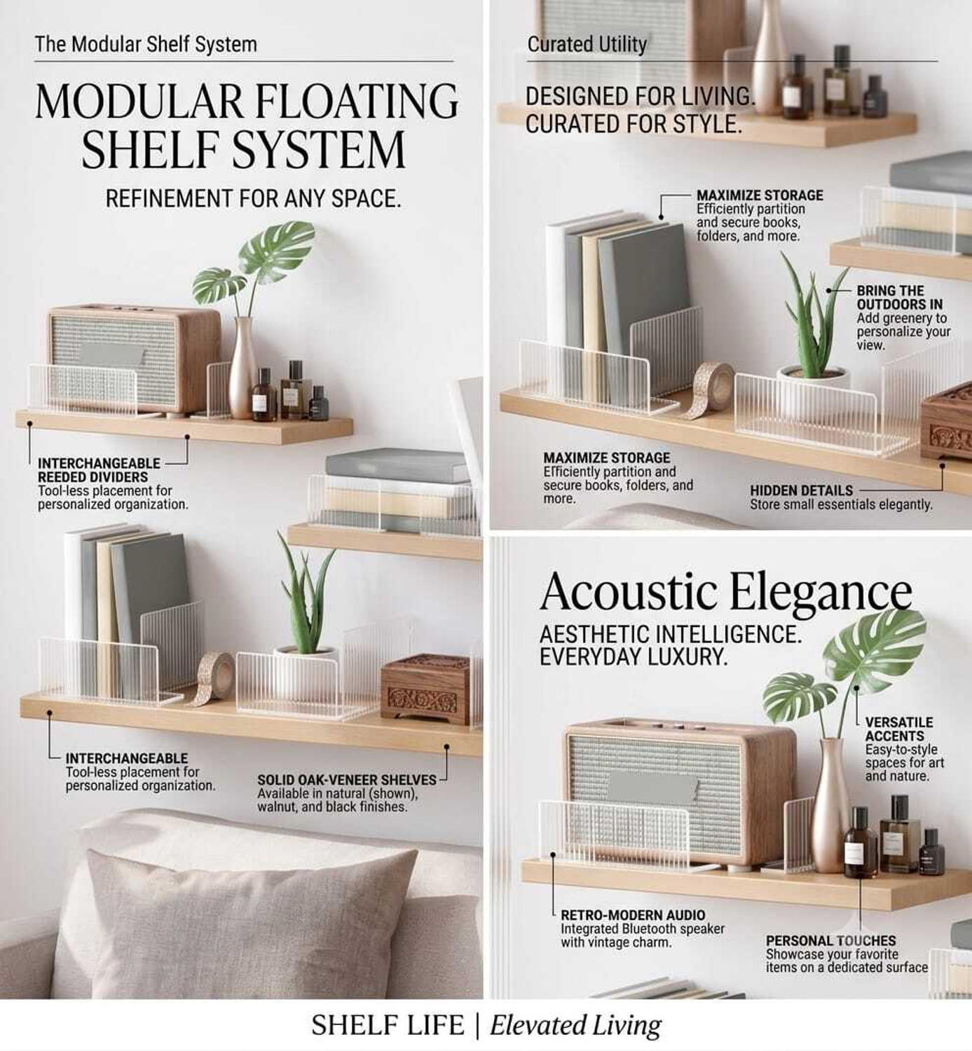 Image of WORA Pack Of 4 Self Adhesive Wall Shelf For Home, Office And Decore Plastic Wall Shelf