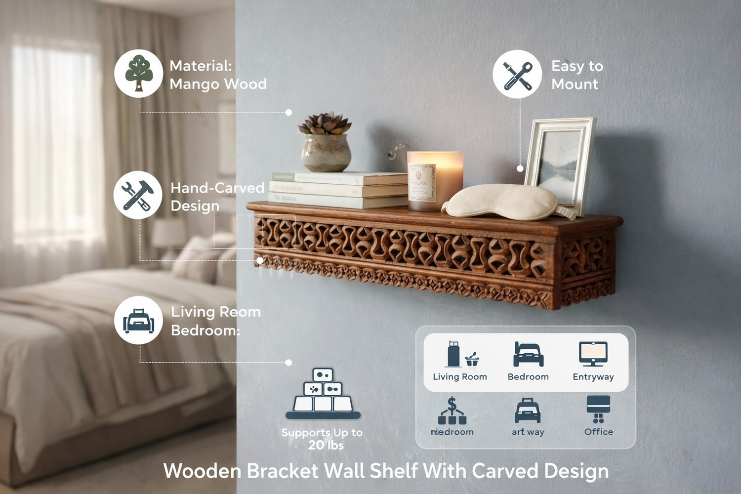 Image of ONLINECRAFTS wooden wall shelf bracket pp 24x5x5 inch Wooden Wall Shelf