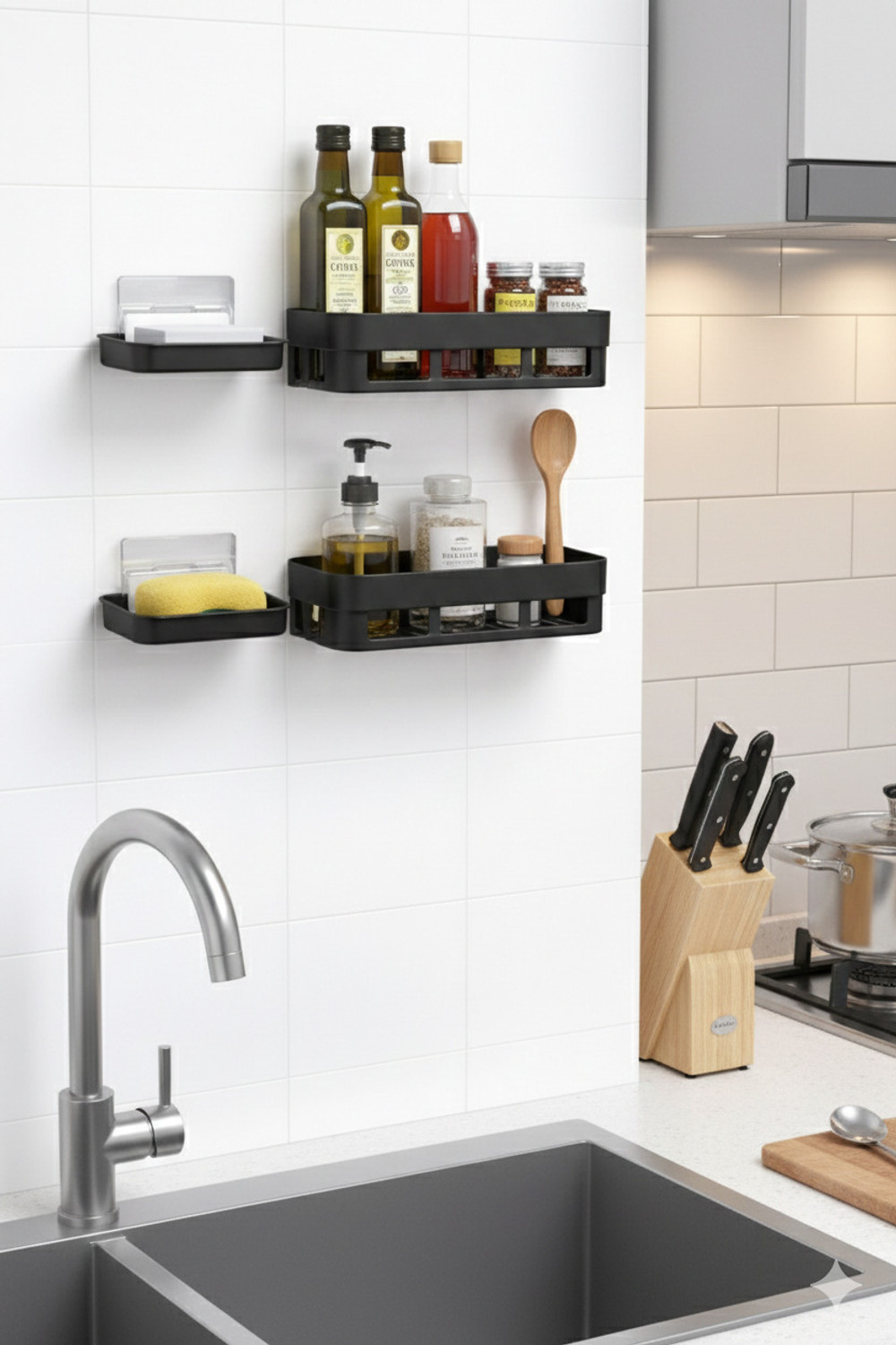Image of QXORE No-Drill Shelf & Accessories Set with 2 Storage Racks and 2 Soap Dishes Plastic Wall Shelf