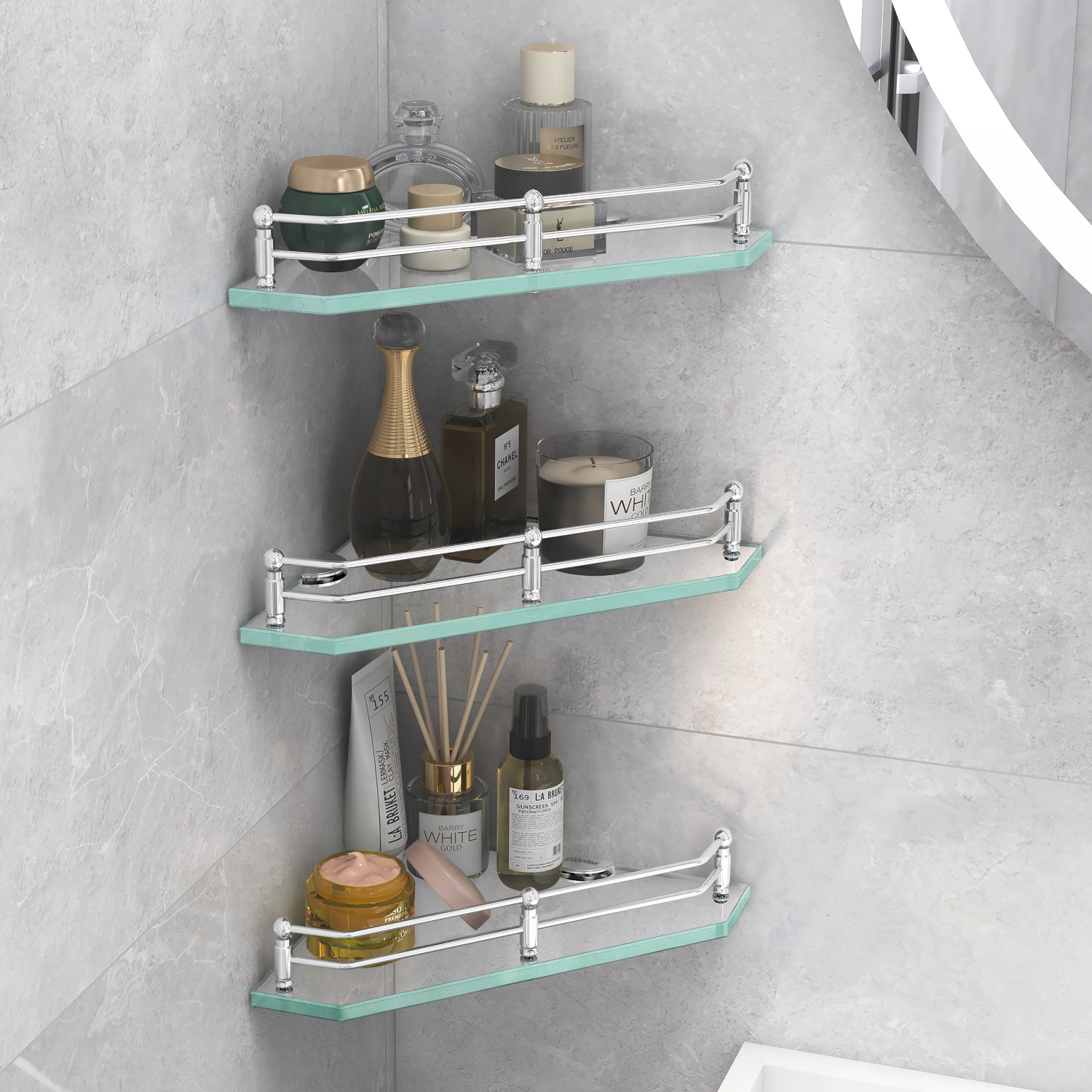 Image of Plantex Premium Diamond Transparent Glass Corner Shelf for Bathroom /Bathroom Accessories(9x9 Inches) Glass Wall Shelf