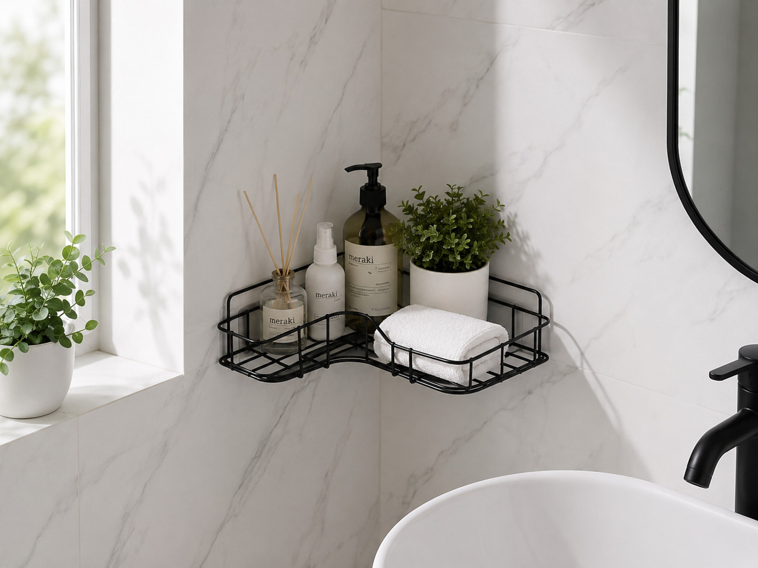 Image of Welkin Self-Adhesive Shelf /Storage Organizer for Bathroom and Kitchen Corner PACK OF 2 Iron Wall Shelf