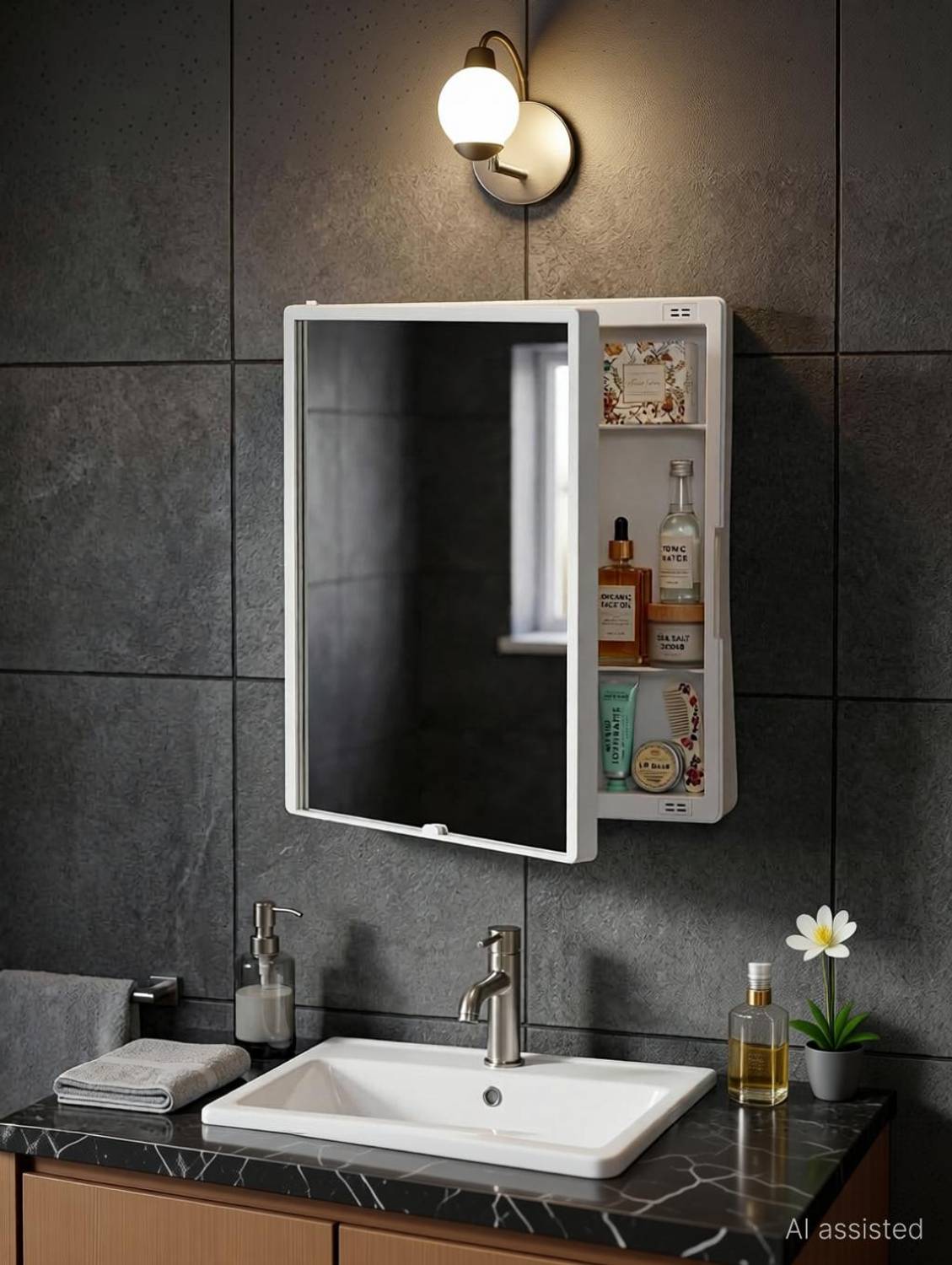 Branco Smart New Rich Look Bathroom mirror Cabinet | 4 Shelves Storage Organizer Plastic Wall Shelf