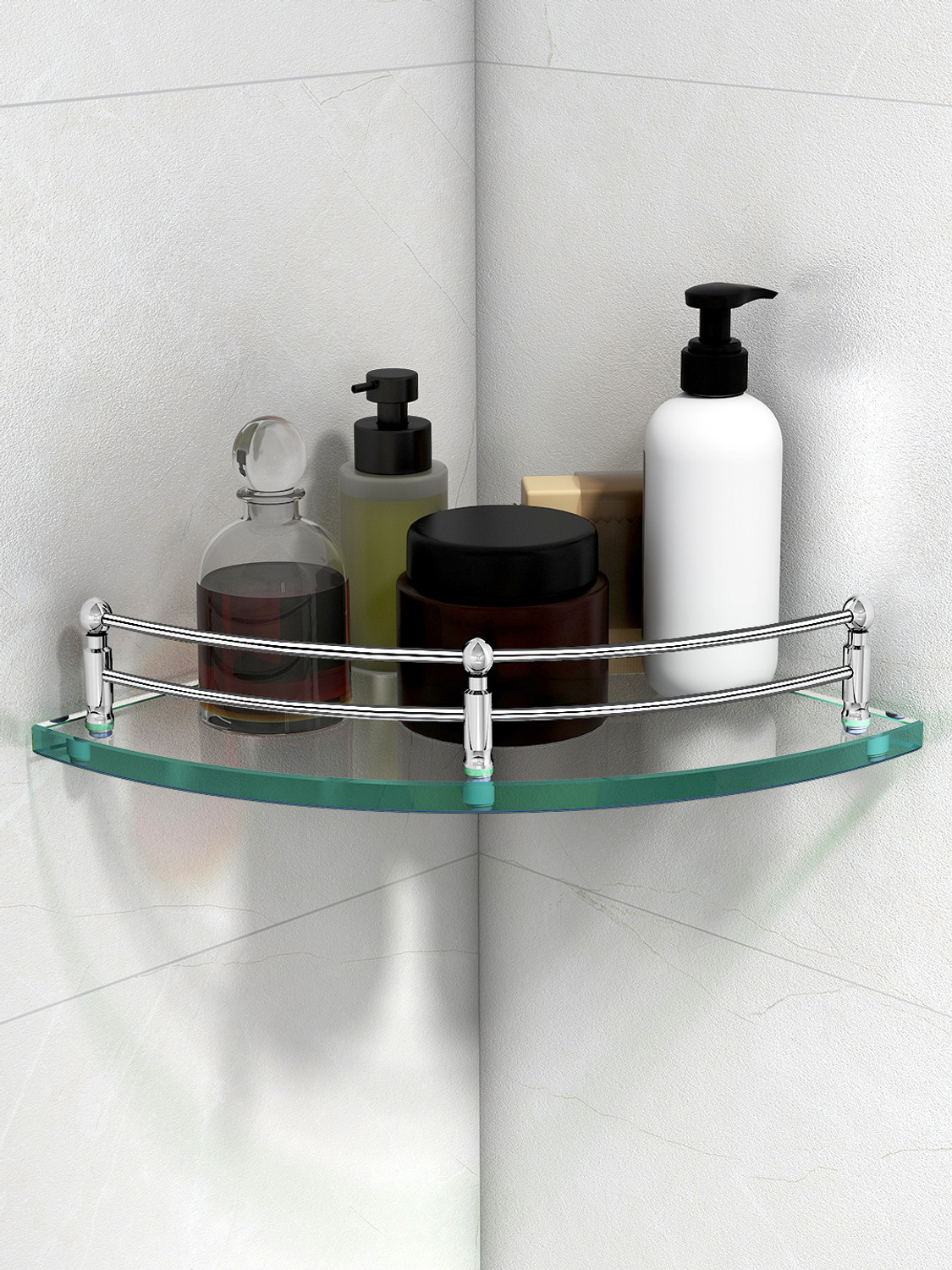Image of Plantex Premium Transparent Glass Corner Shelf for Bathroom /Wall Shelf /Storage Shelf(9x9 Inches) Glass Wall Shelf