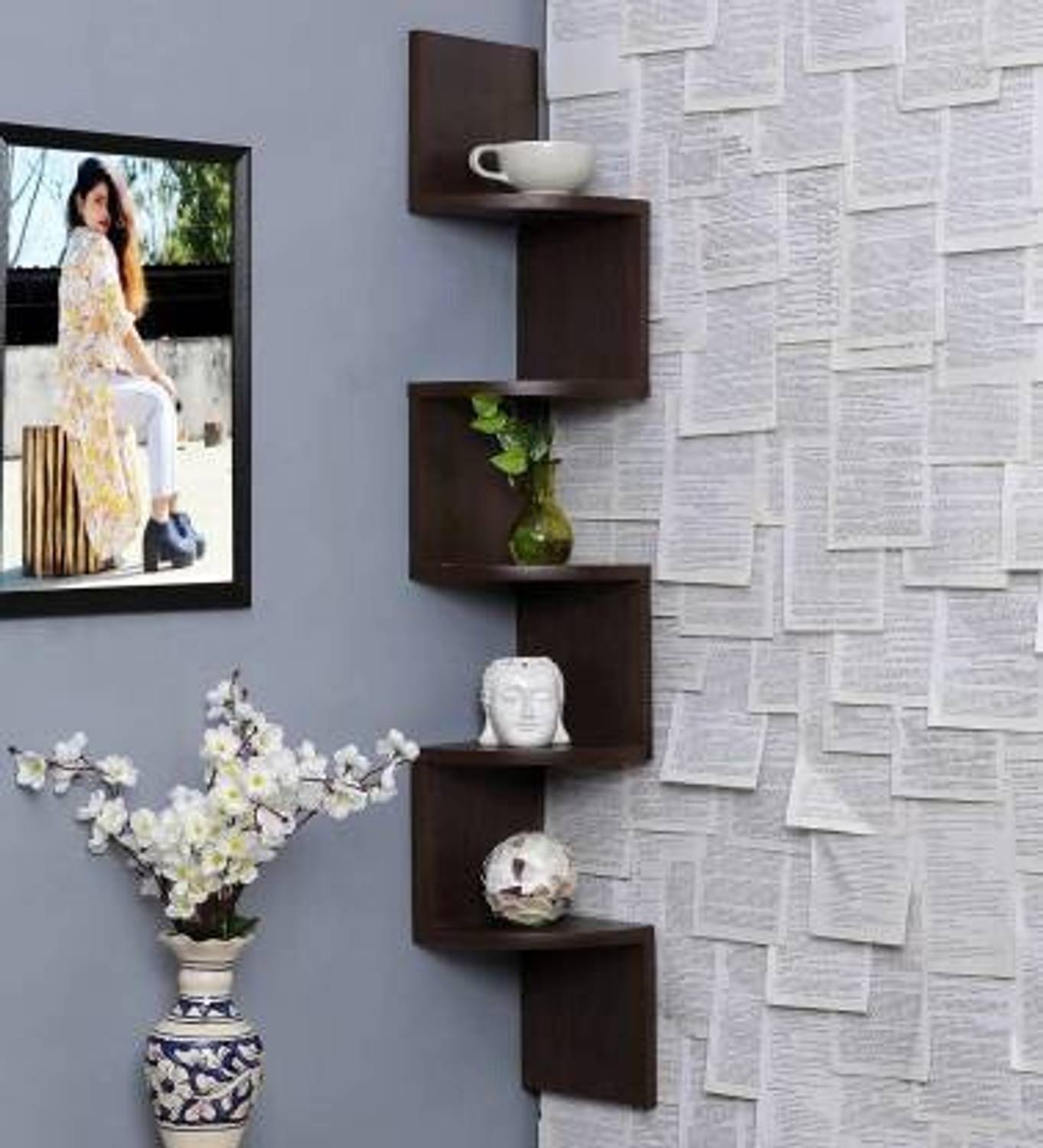 CLICKBAZZAR Wooden Corner Mount Wall Shelves Zigzag Shape (Number