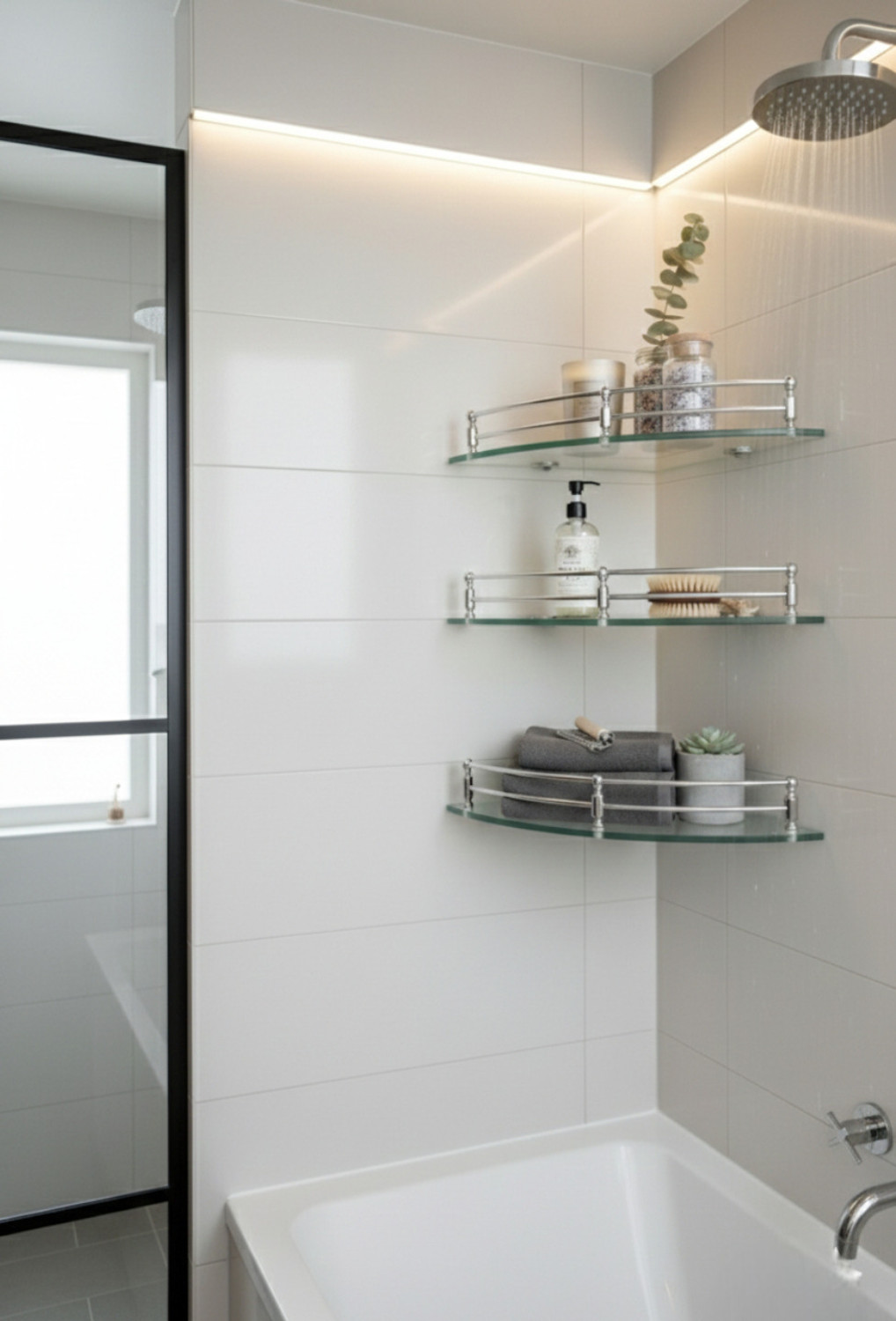 Image of Auraview Corner1 round 9*9 inch Shelf 3 Transparent Glass, Stainless Steel Wall Shelf