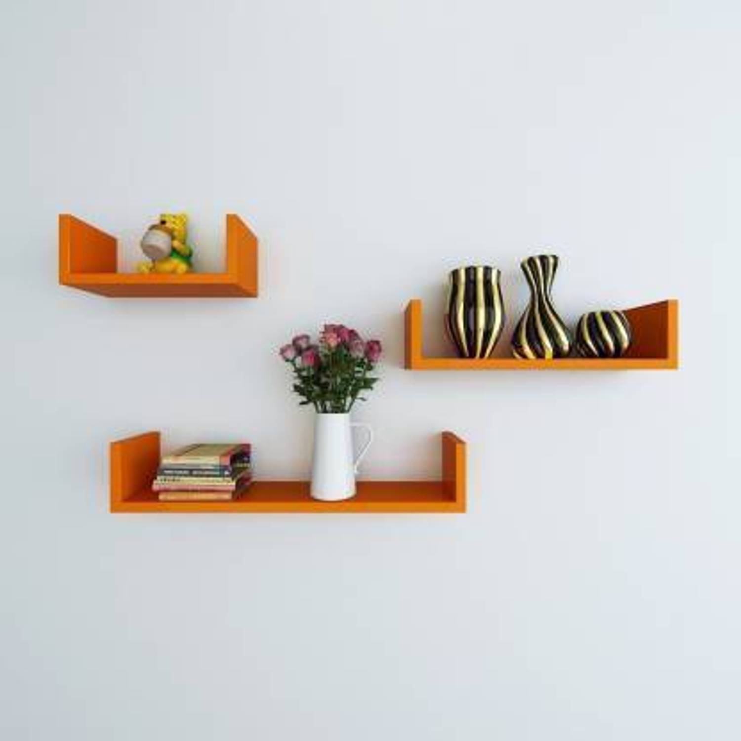 Crownista Wooden Wall Shelf (Number of Shelves - 3, Orange)