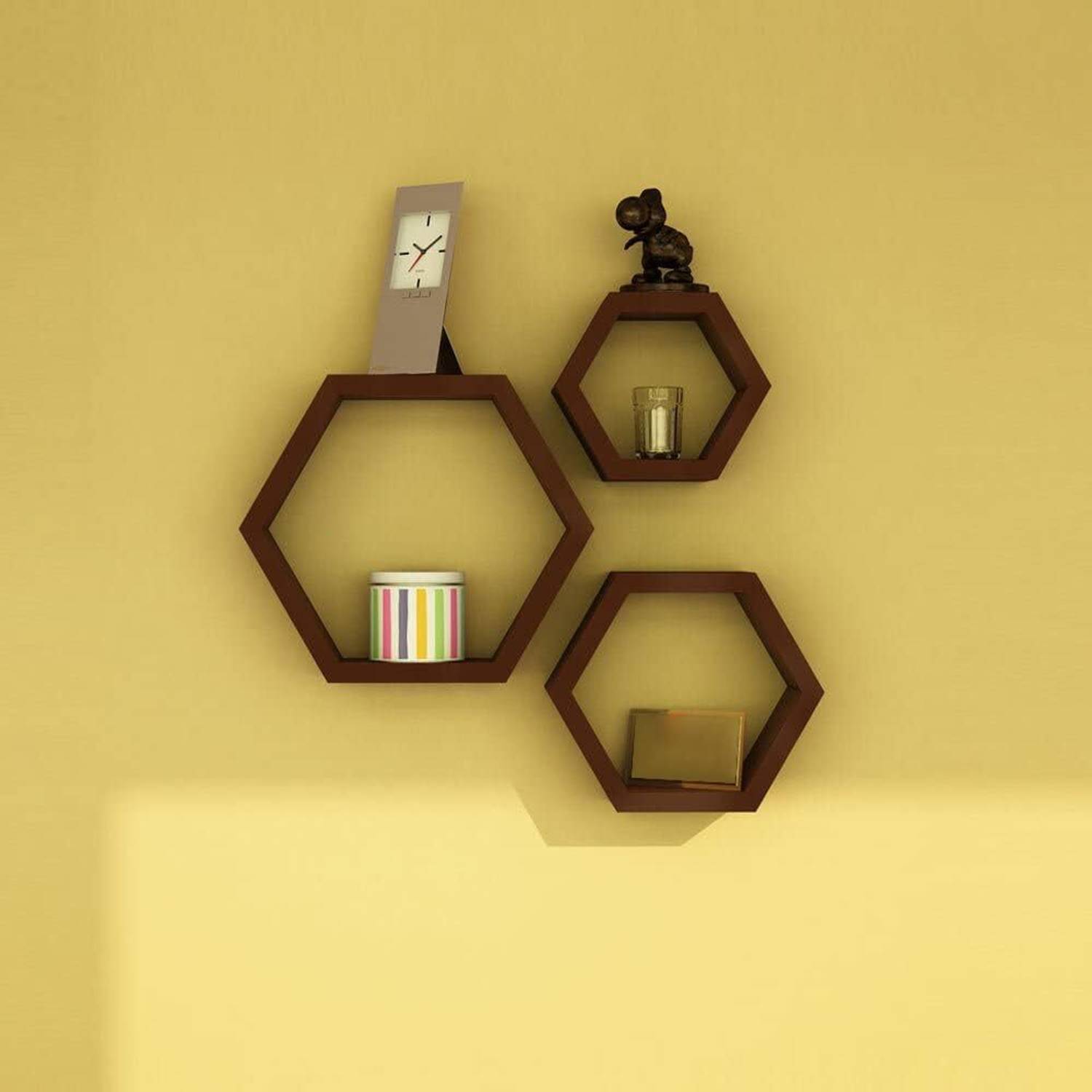 Extrawish Set Of 3 Hexagon shape Designer Storage Shelves -Brown