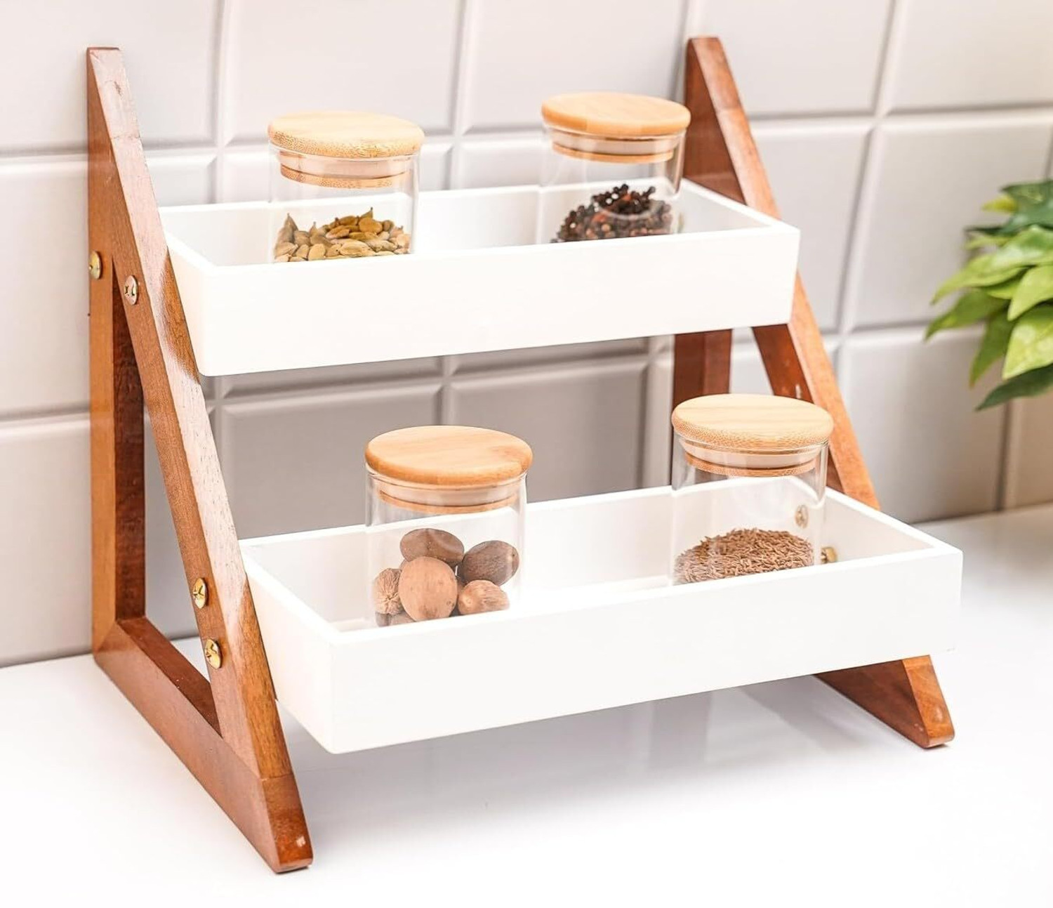 Image of Furniture Cafe Containers Kitchen Rack Wood Triangluar Countertop Spice Rack For Jars And Bottle Holder & Kithen Decor Item
