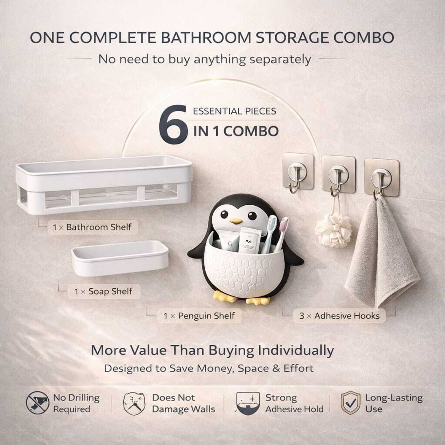 Image of IENARA 6-in-1 Bathroom Accessories Combo - Organizer Shelf, Soap, Hook & Penguin Holder Plastic, Steel Wall Shelf