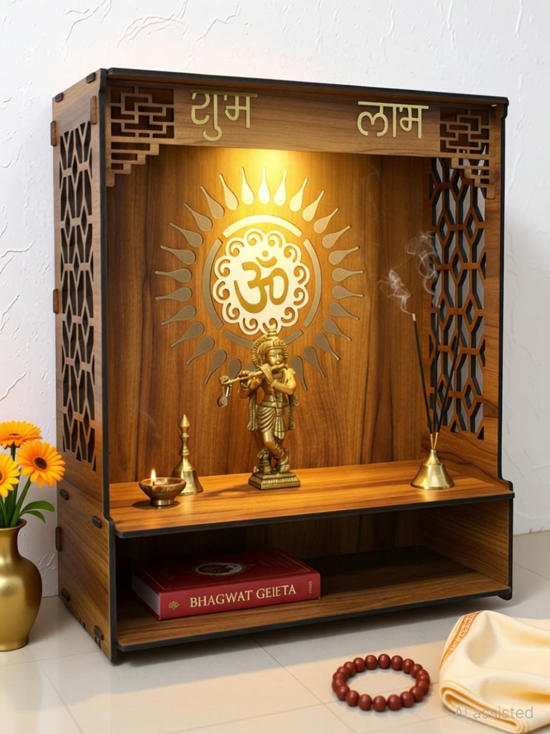 Image of Gojeeva Kraft Engineered Wooden LED Temple Handcrafted Design Pooja Mandir for Home & Office Wooden Wall Shelf