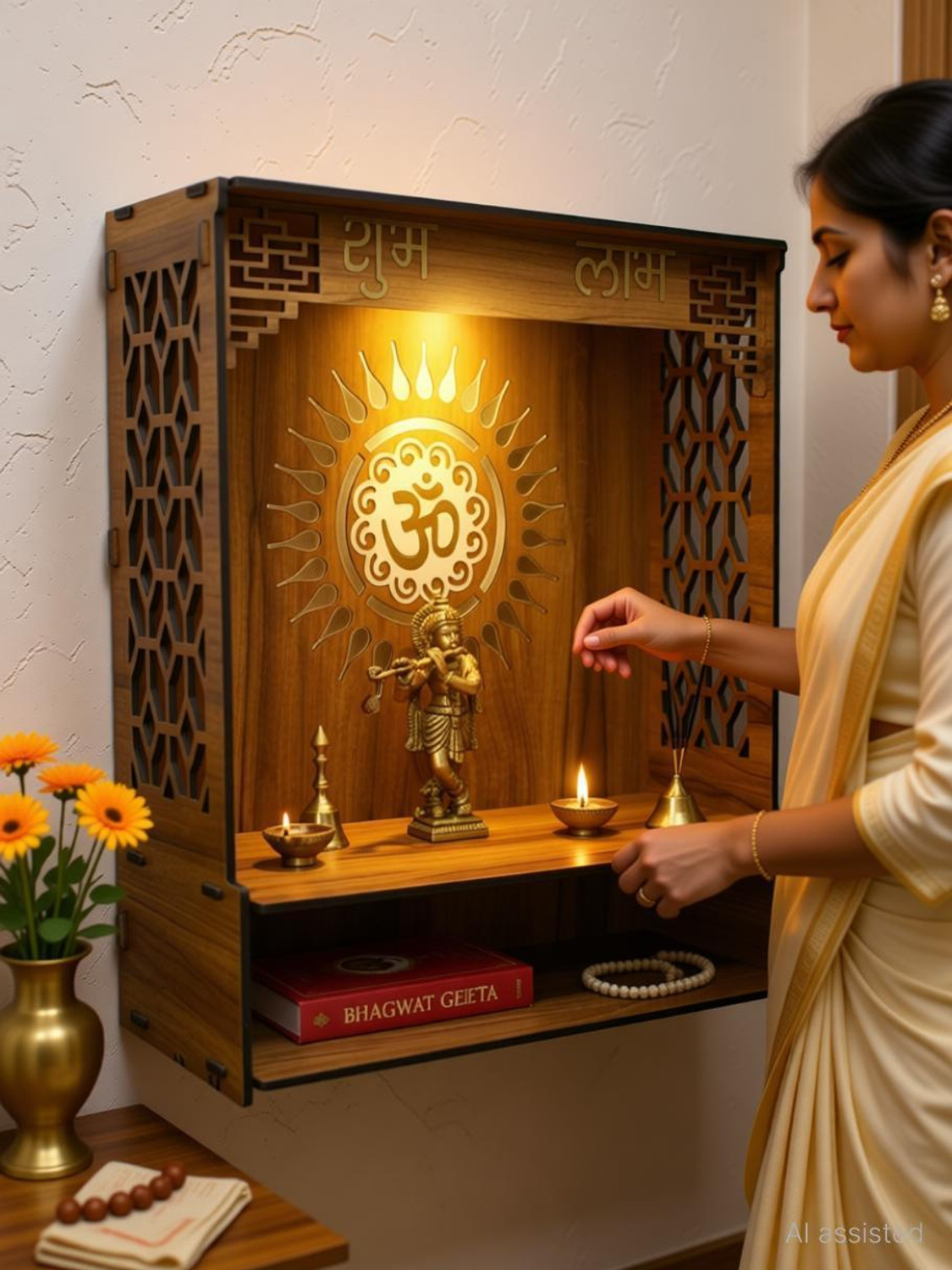 Image of Gojeeva Kraft Engineered Wooden LED Temple Handcrafted Design Pooja Mandir for Home & Office Wooden Wall Shelf
