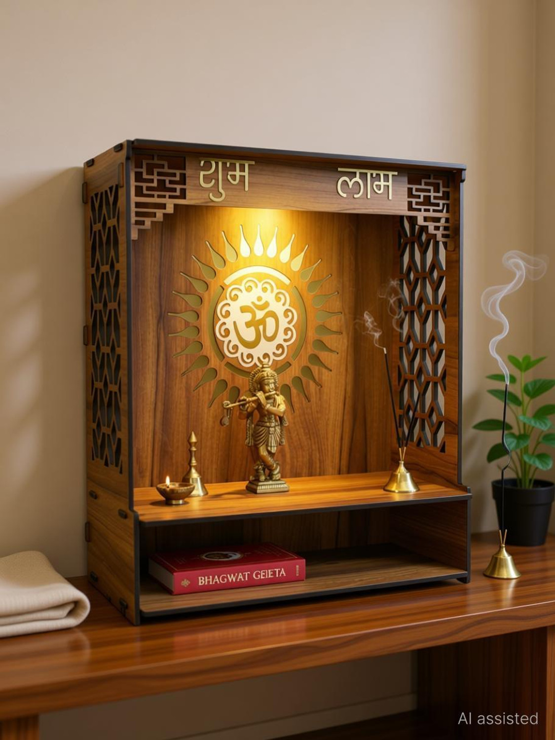 Image of Gojeeva Kraft Engineered Wooden LED Temple Handcrafted Design Pooja Mandir for Home & Office Wooden Wall Shelf