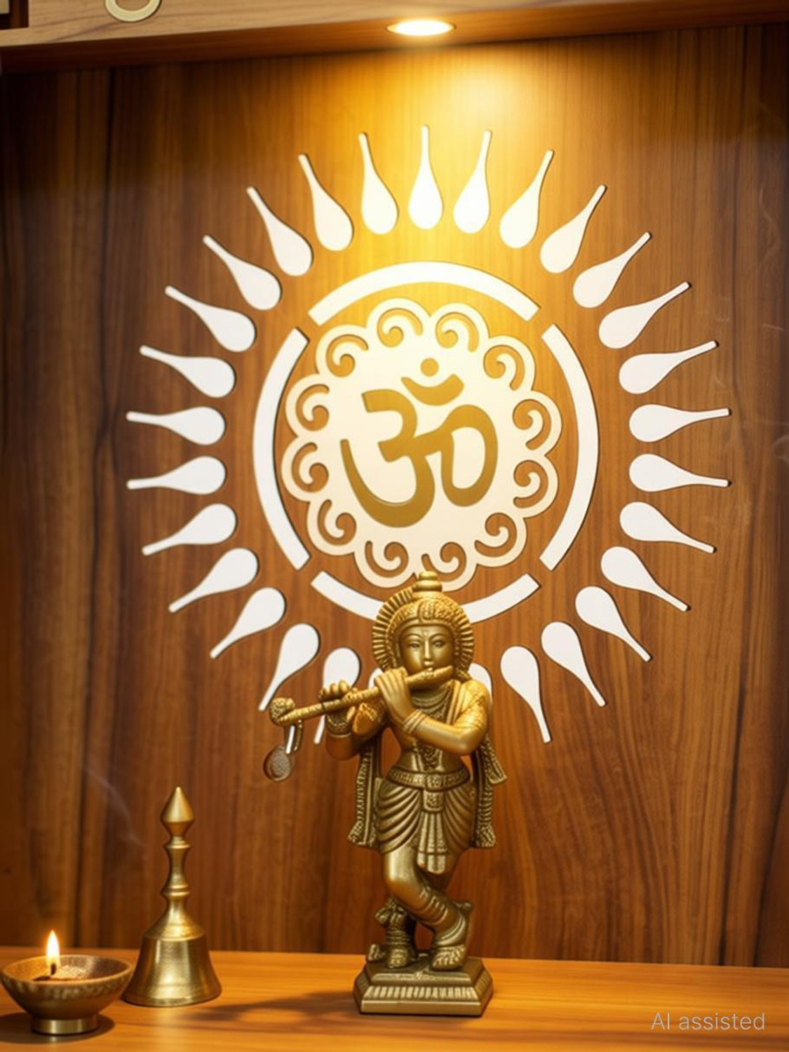 Image of Gojeeva Kraft Engineered Wooden LED Temple Handcrafted Design Pooja Mandir for Home & Office Wooden Wall Shelf