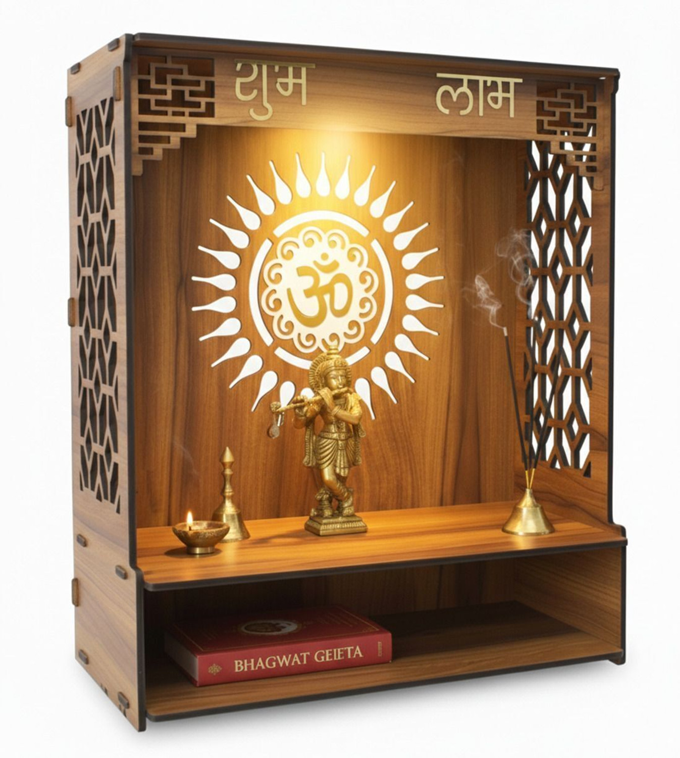 Image of Gojeeva Kraft Engineered Wooden LED Temple Handcrafted Design Pooja Mandir for Home & Office Wooden Wall Shelf