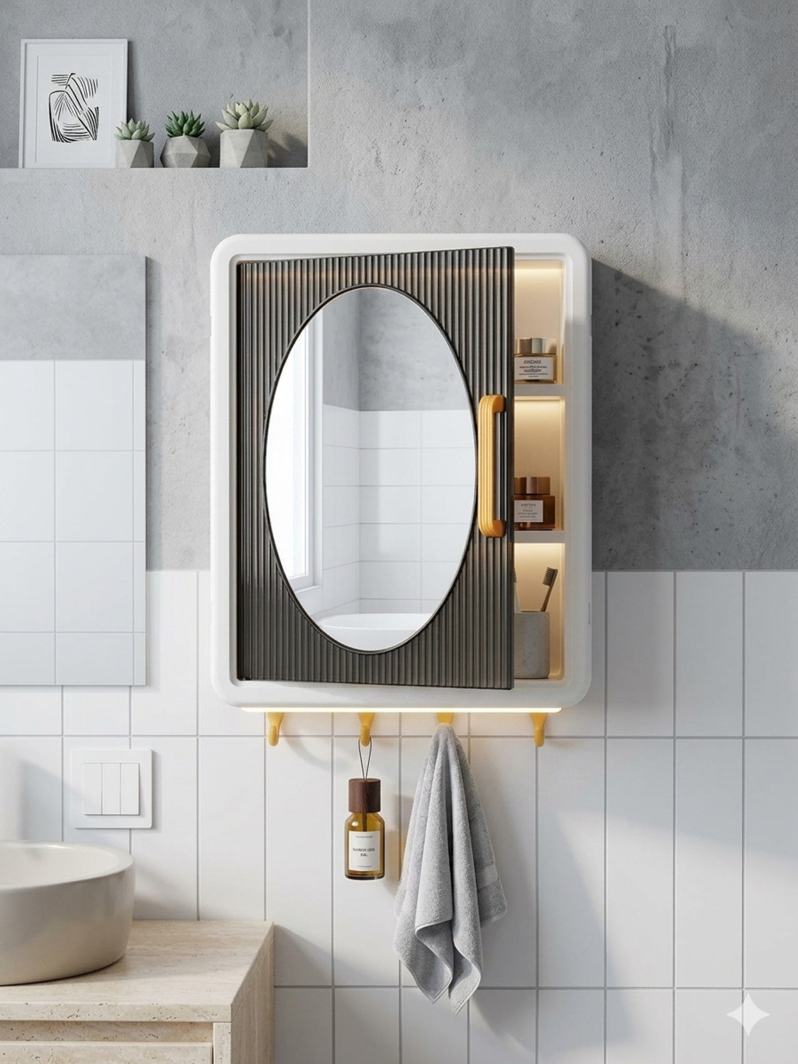 Image of ESSPY Wall Mounted Bathroom Mirror Cabinet Storage Organizer for Bathroom Plastic Wall Shelf