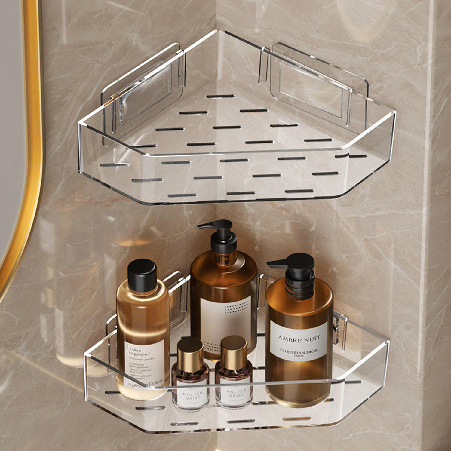 Image of ESSPY No-Drill Triangle Corner Shelf , Wall-Mounted Plastic Storage Organization Plastic Wall Shelf