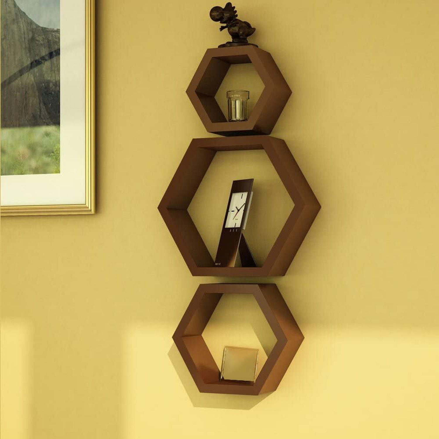 Image of Extrawish Set Of 3 Hexagon shape Designer Storage Shelves -Brown Polypropylene Wall Shelf