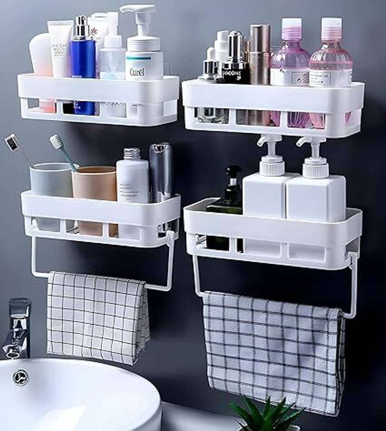 AKEY PACK OF 4 Wall Mount Bathroom Shelf Accessories Rack Shelf (Shelves - 4, White) Plastic Wall Shelf