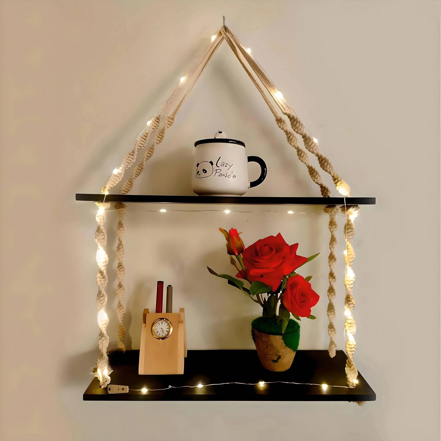 VAH Wood Macrema Knotting Rope 2 tier Wall hanging Wall shelf Wit
