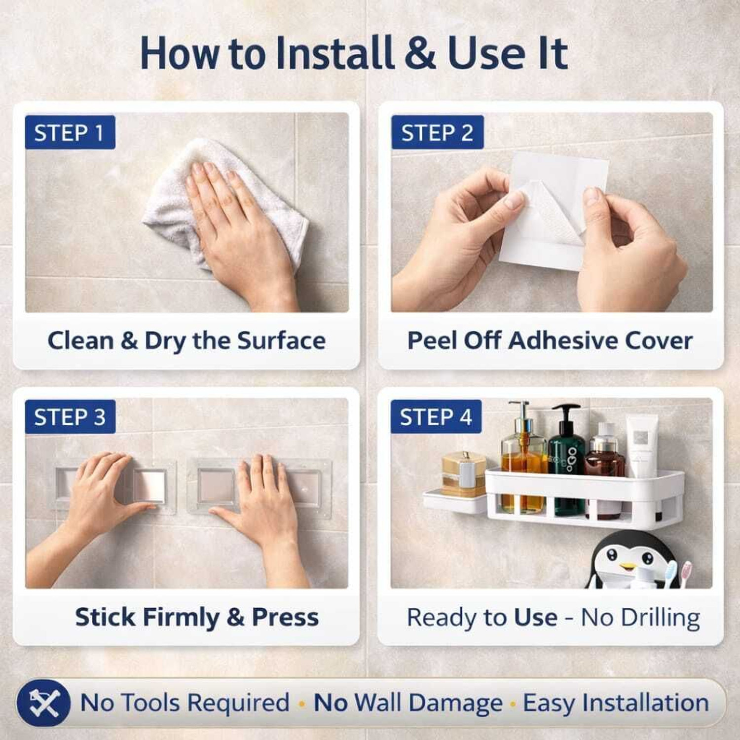 Image of IENARA 6-in-1 Bathroom Accessories Combo - Organizer Shelf, Soap, Hook & Penguin Holder Plastic, Steel Wall Shelf