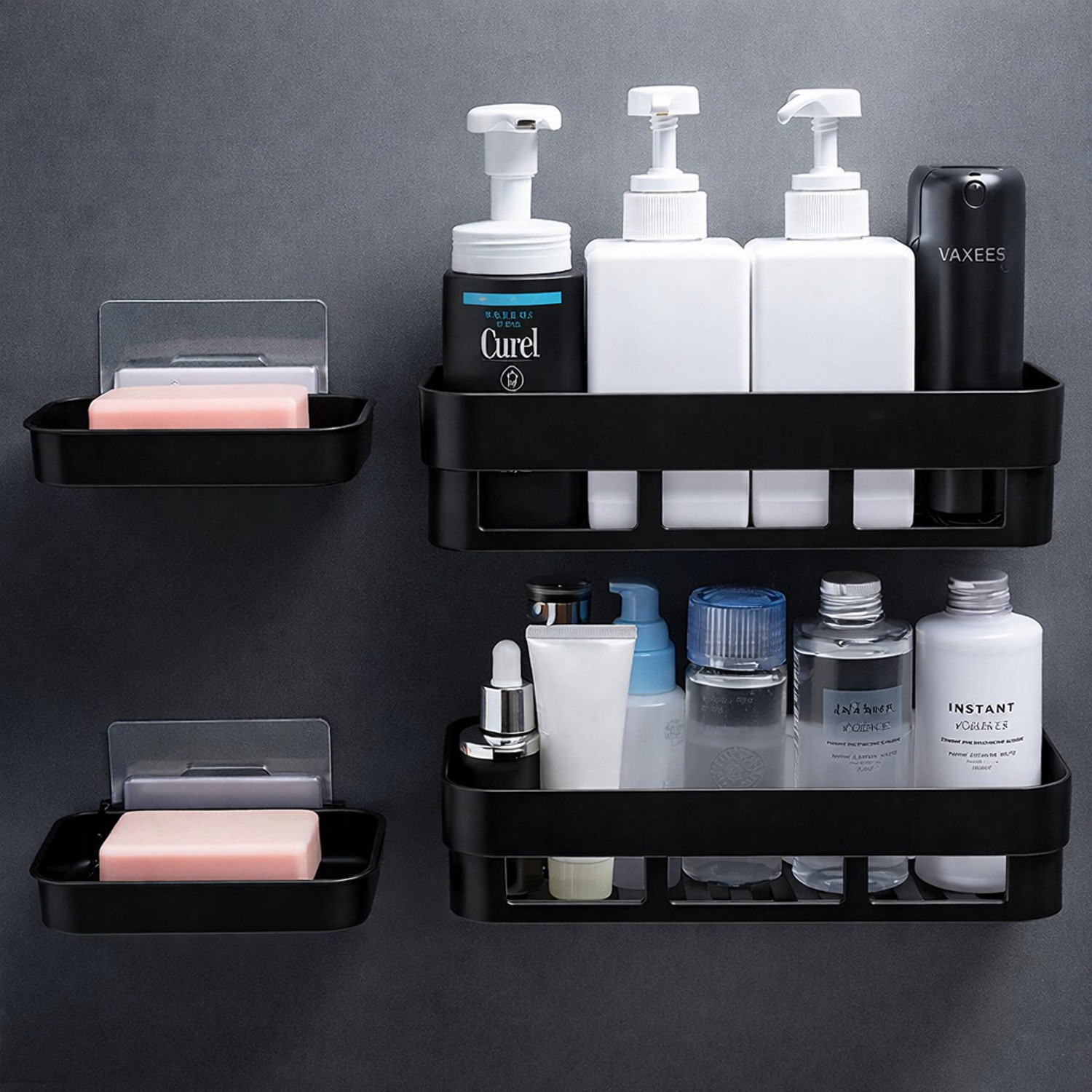 Image of QXORE No-Drill Shelf & Accessories Set with 2 Storage Racks and 2 Soap Dishes Plastic Wall Shelf