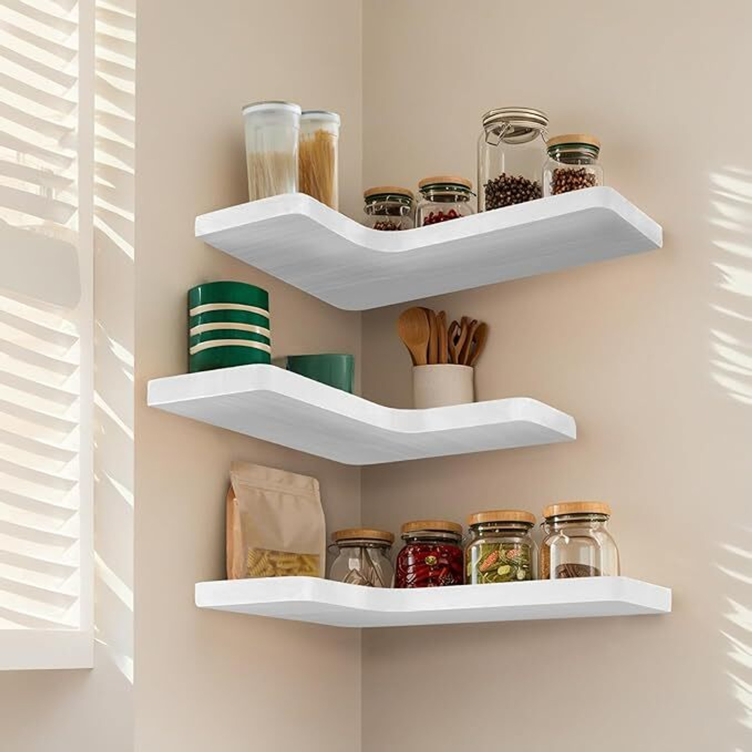 Image of Hawari enterprises Set Of 3 Wooden MDF Wall Shelves L Shaped Corner For Home Decor Wooden Wall Shelf