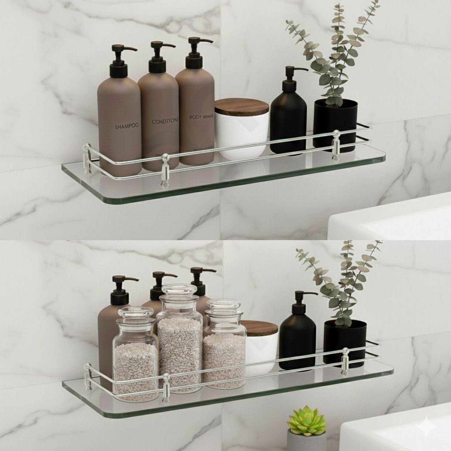 Auraview Square 6*12 inch Shelf 2 Transparent Glass, Stainless Steel Wall Shelf