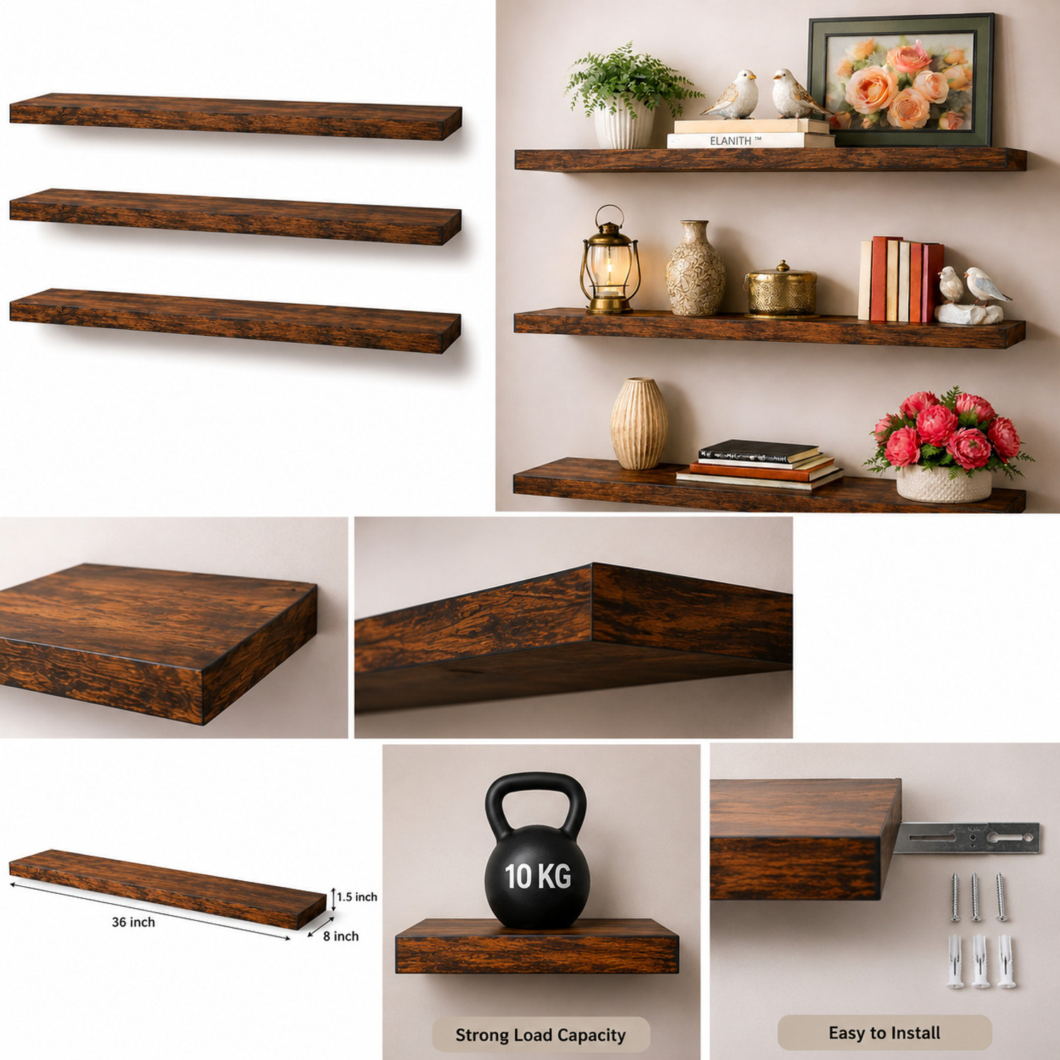 Image of ELANITH Standard size , Super Natural Modern Floating Wall Shelves Set of 3 - Brown Wooden Wall Shelf