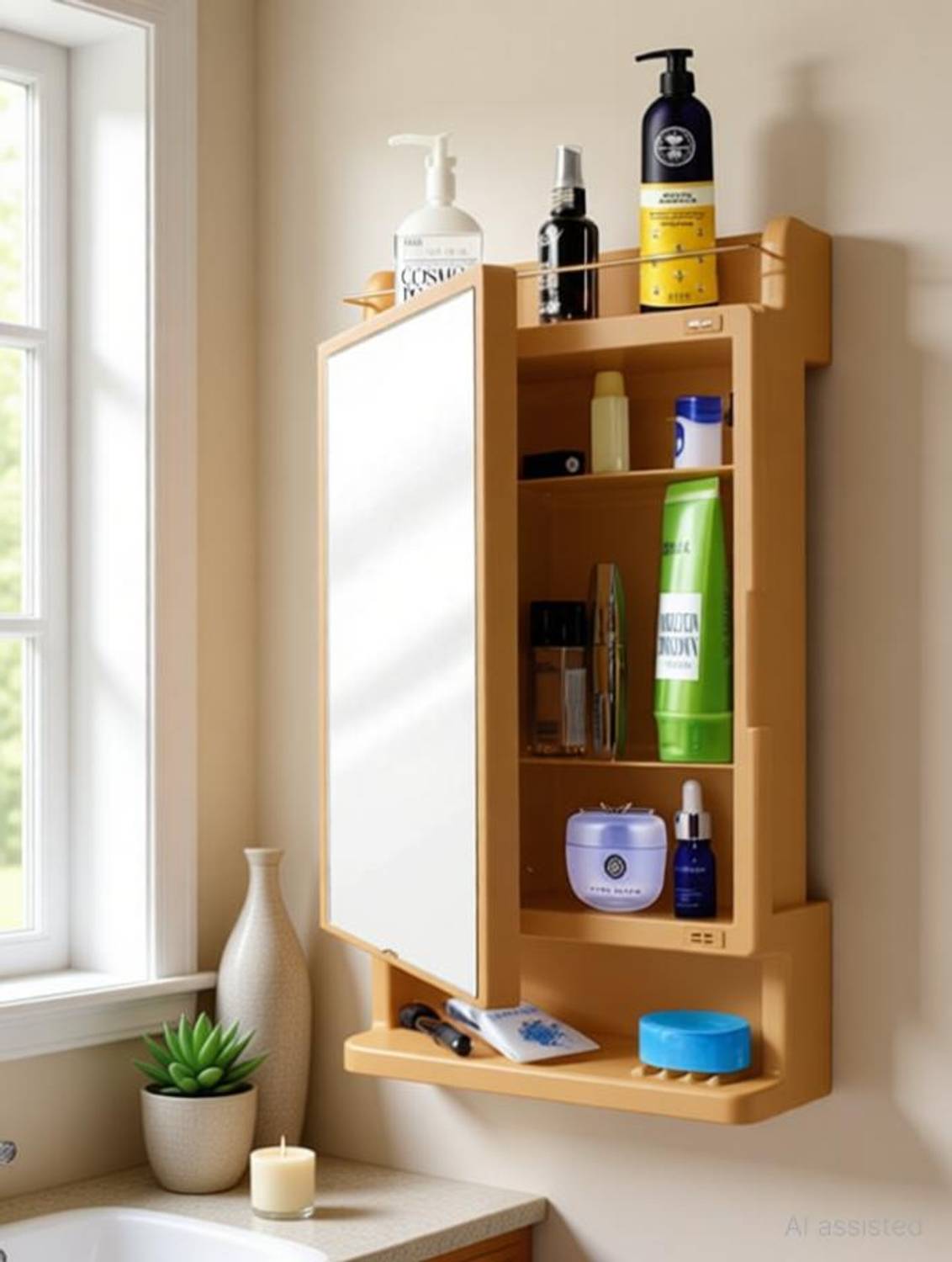 Branco | Mirror Cabinet | Storage | Bathroom Organizer | Champagne Gold Plastic, Glass Wall Shelf