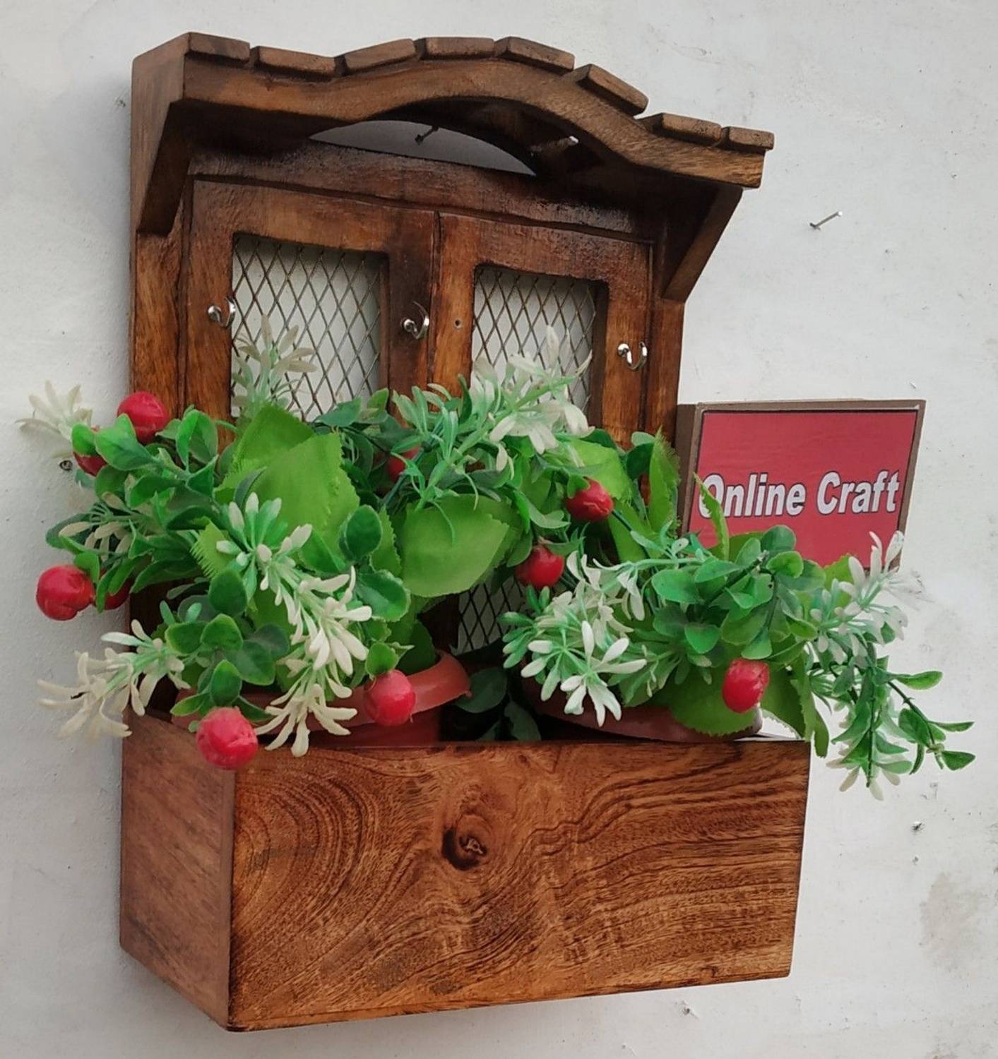 OnlineCraft WOODEN HUT ( BROWN ) IRON JALI Wooden Wall Shelf (Num