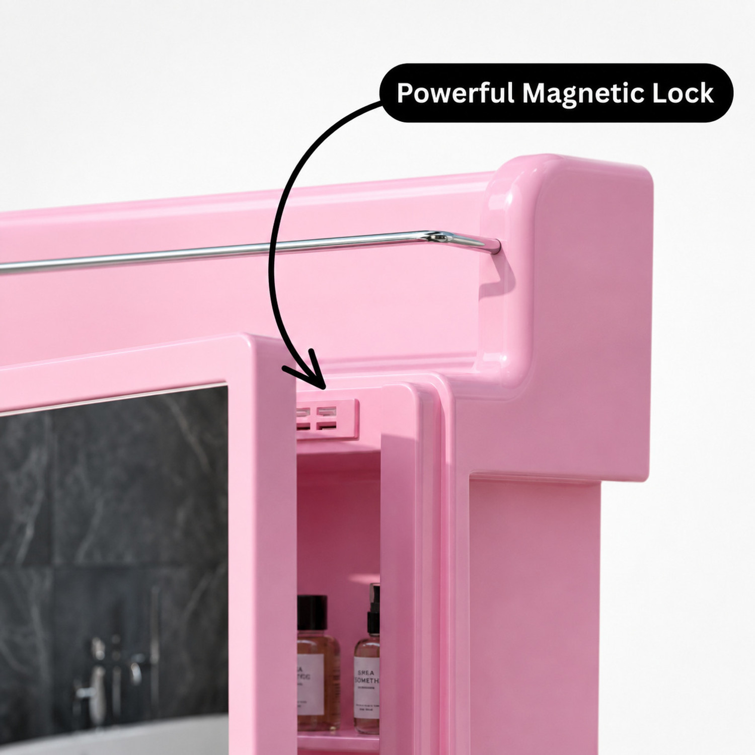 Image of CIPLA PLAST Rich Look Bathroom Cabinet | Mirror with Shelf | 4 Shelves Storage | PINK Plastic, Glass Wall Shelf