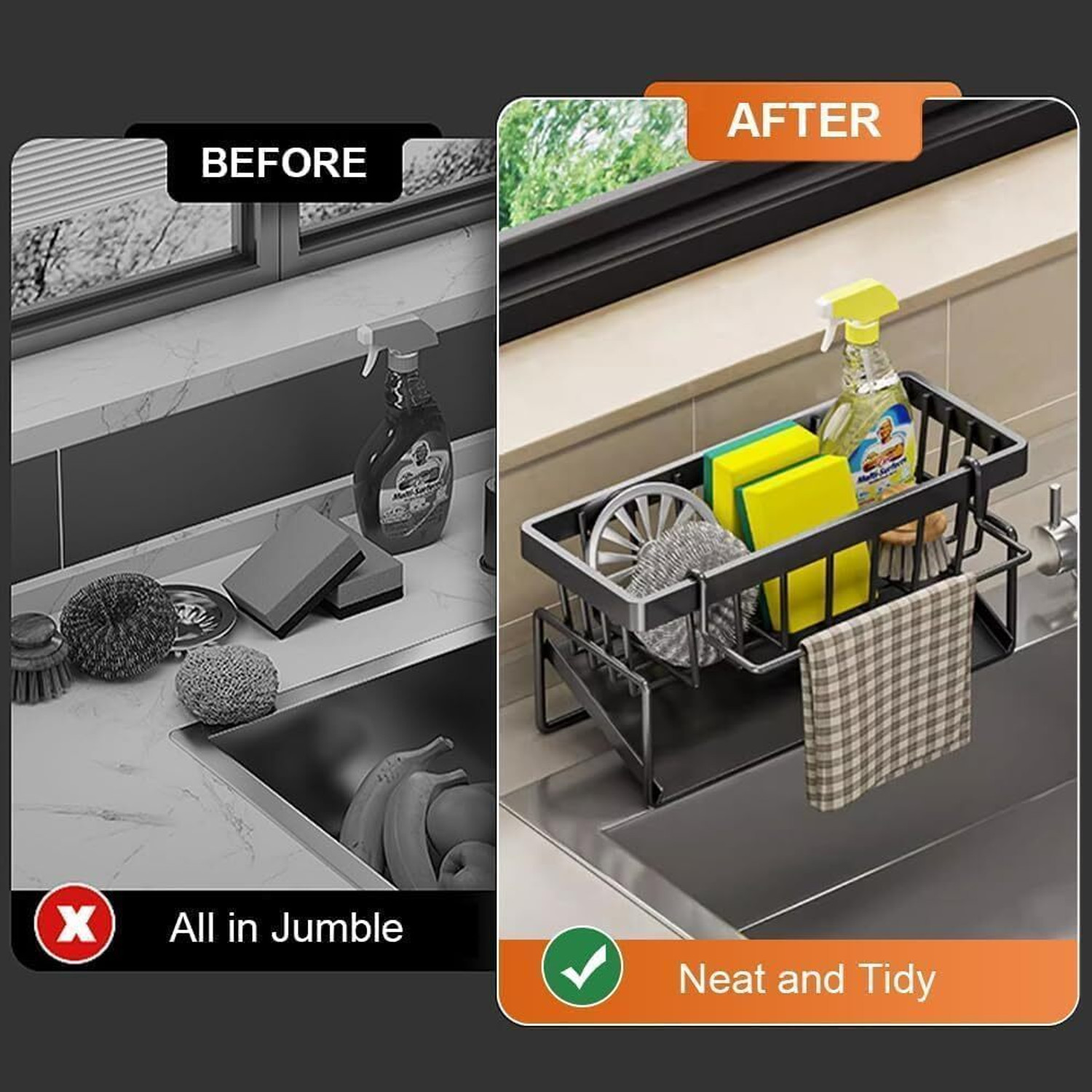 Image of frozen Metal Sponge Holder for Kitchen - Auto-Draining Organizer Caddy with Soap Tray Plastic Wall Shelf
