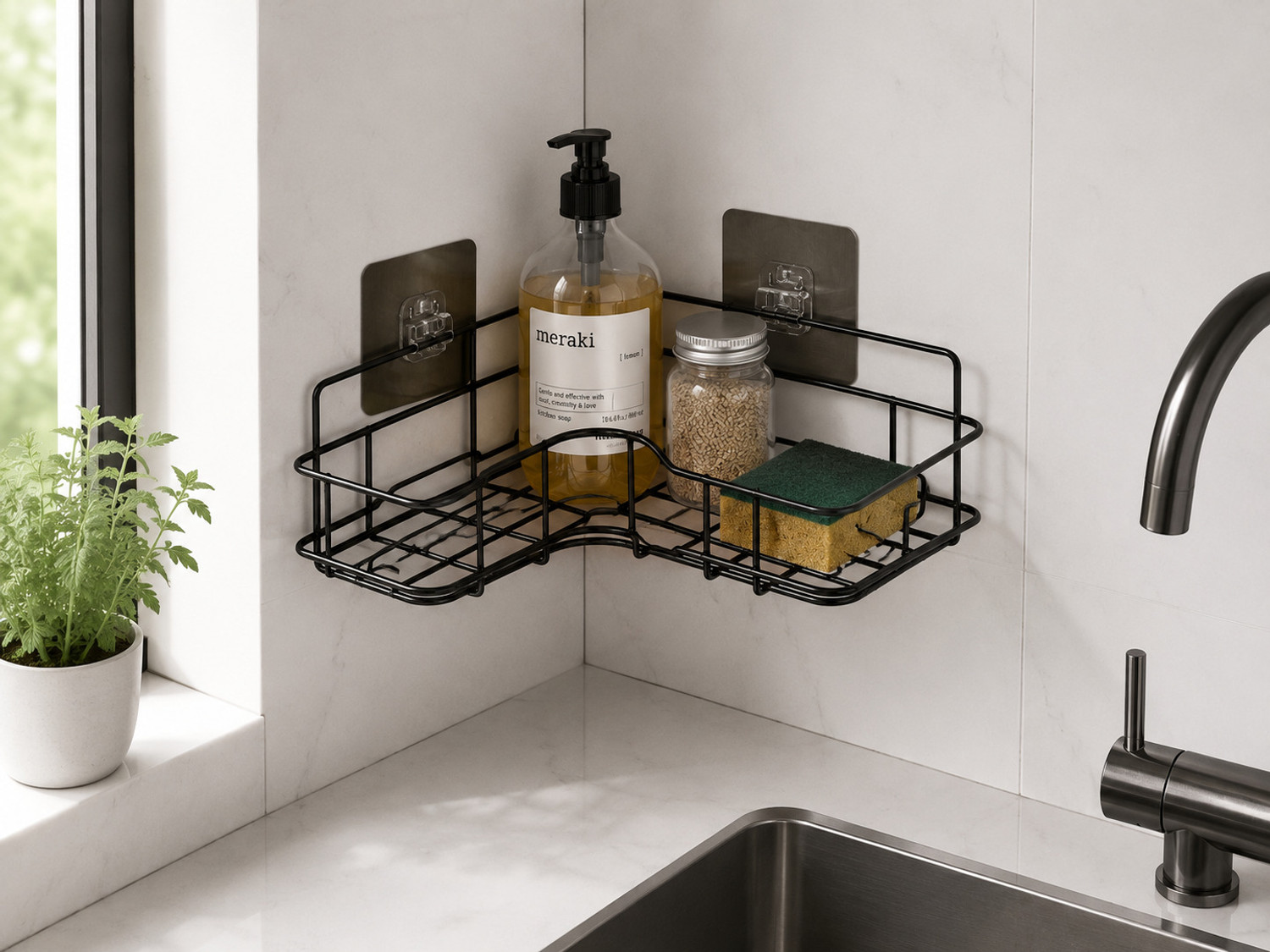 Image of Welkin Self-Adhesive Shelf /Storage Organizer for Bathroom and Kitchen Corner PACK OF 2 Iron Wall Shelf