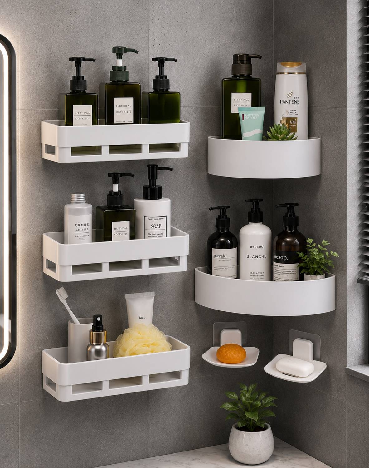 HATMEET 2 Soap Dish + 2 Corner Plastic Wall Shelf, White - Image 1