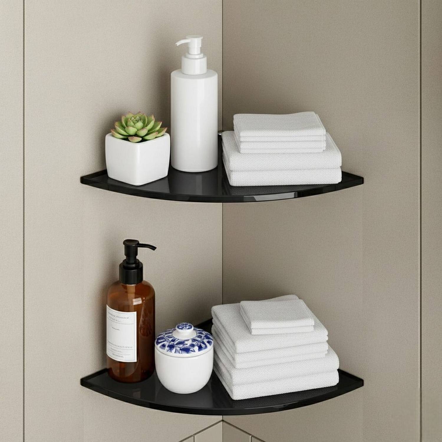 Auraview Without Railing Corner Round 9x9 inch Shelf 2 Black Glass Wall Shelf