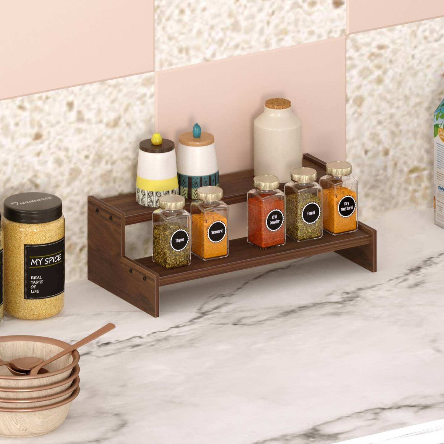 BLUEWUD Dolvin Mini Ladder Style Spice Masala Rack Shelf Stand Organizer Particle Board Wall Shelf