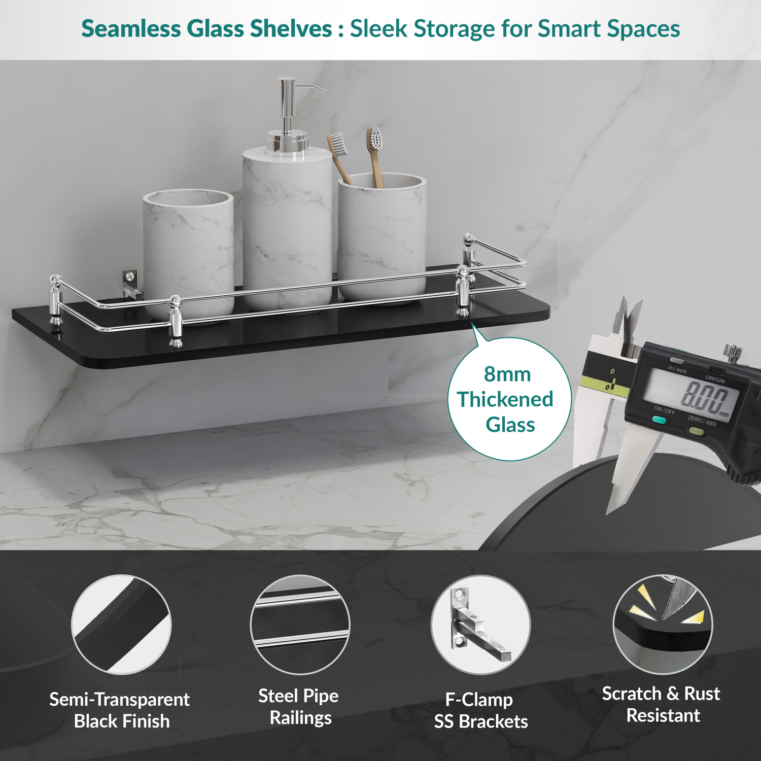 Image of Plantex Premium Black Glass Shelf for Bathroom /Wall Shelf /Storage Shelf(12x6 Inches) Glass Wall Shelf